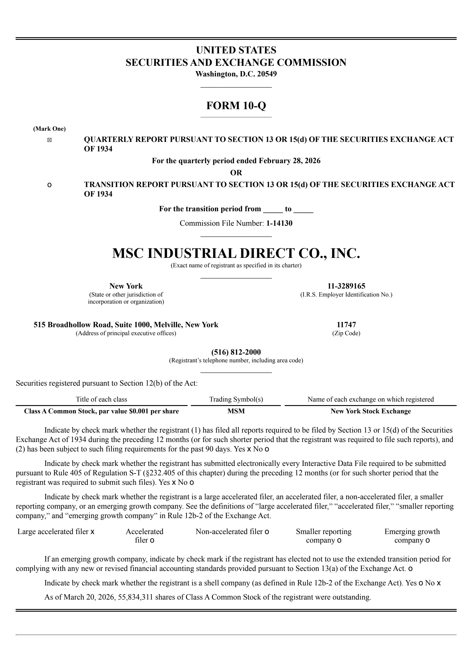 MSC Industrial Direct's Q2 2026 Quarterly report