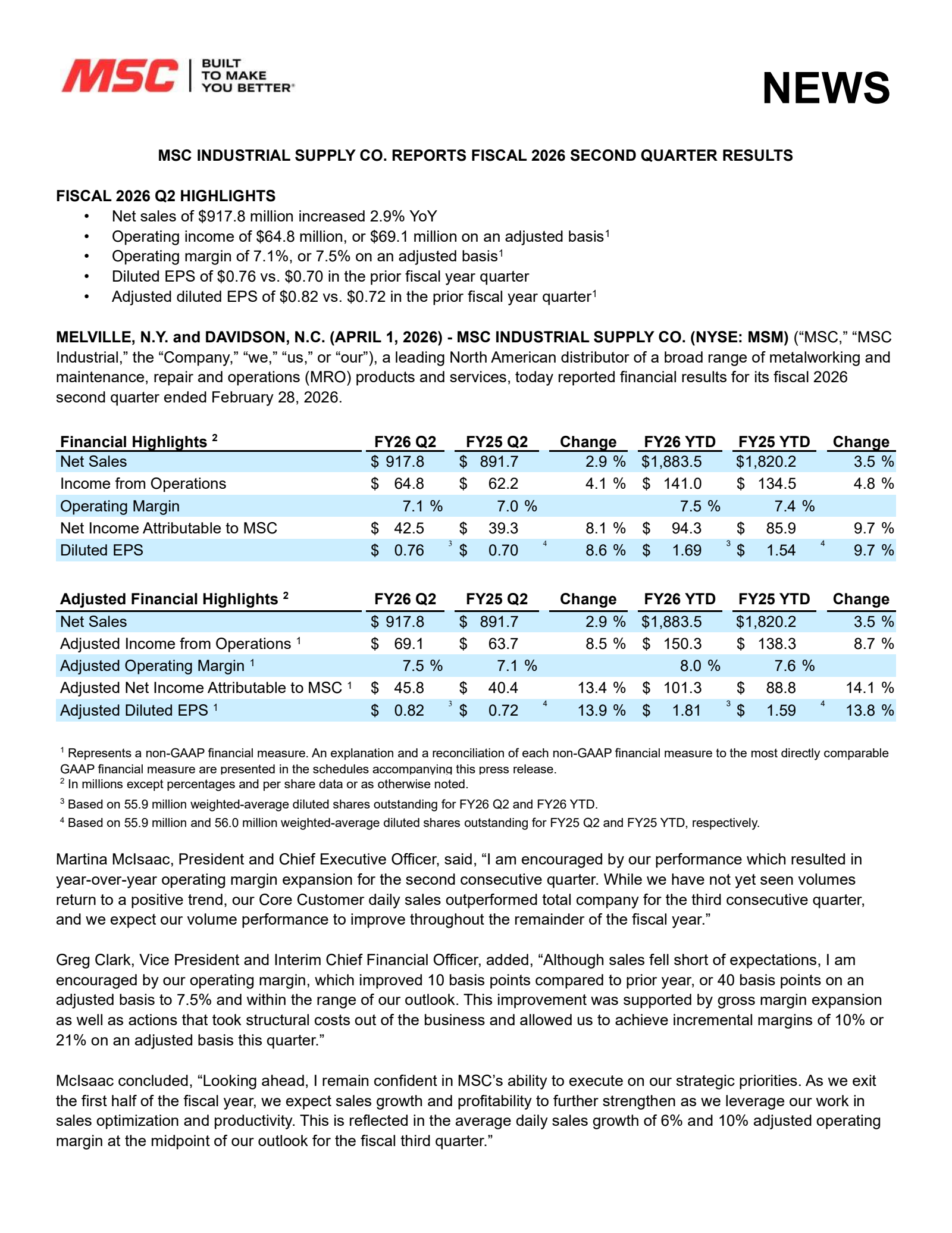 MSC Industrial Direct's Q2 2026 Press Release