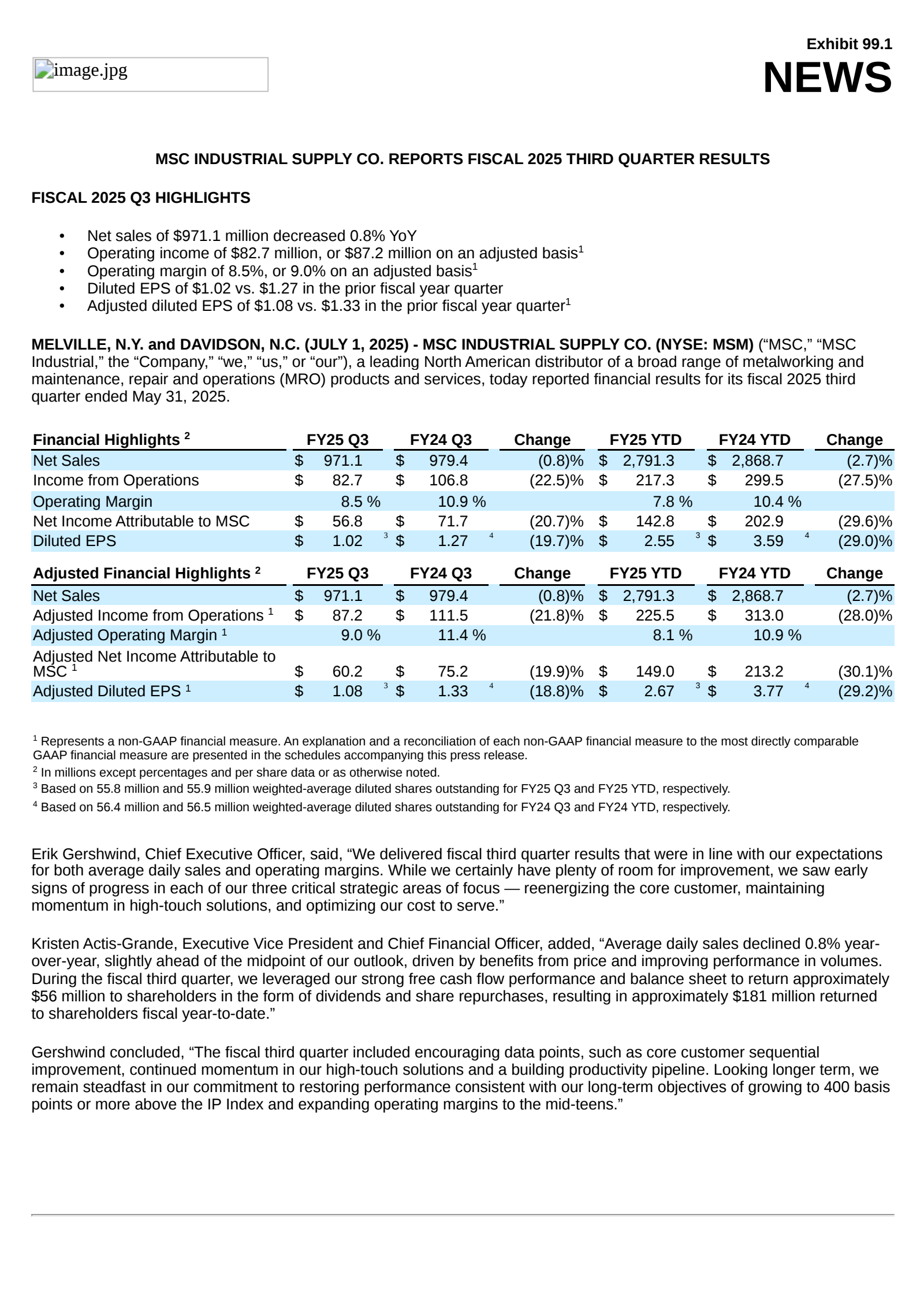 MSC Industrial Direct's Q3 2025 Press Release