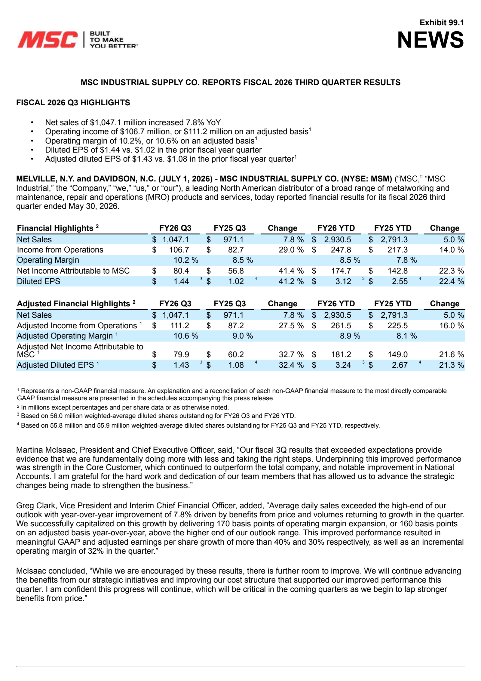 MSC Industrial Direct's Q3 2026 Press Release