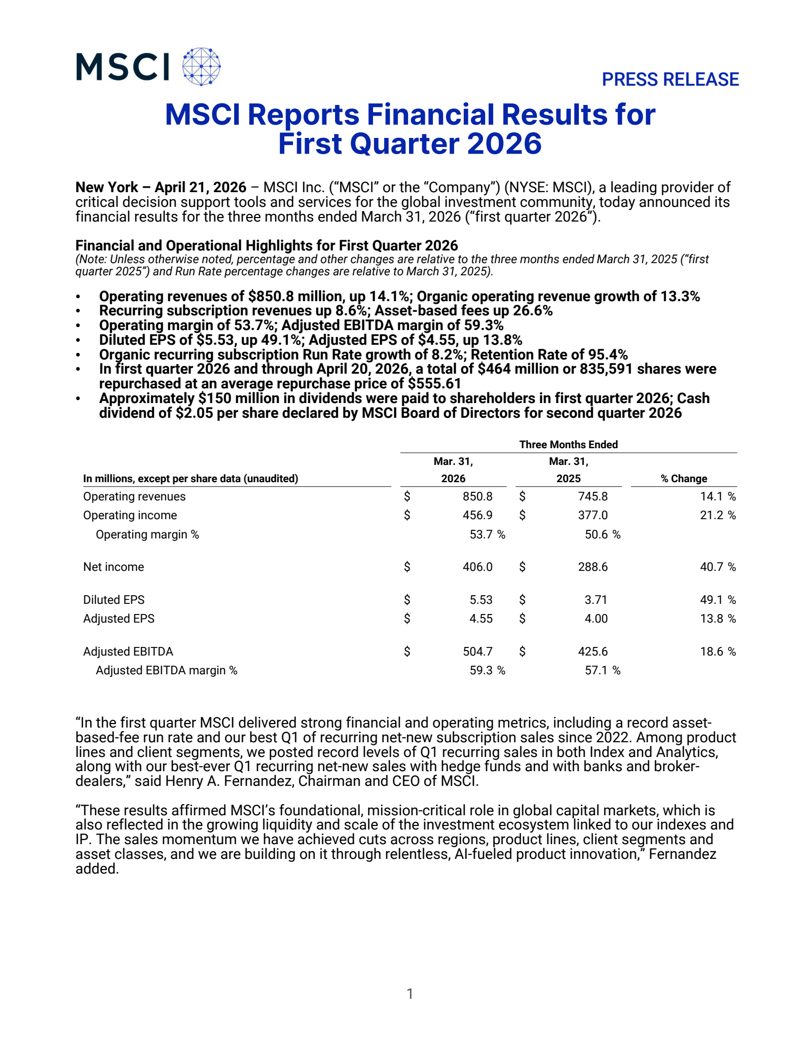 MSCI's Q1 2026 Press Release