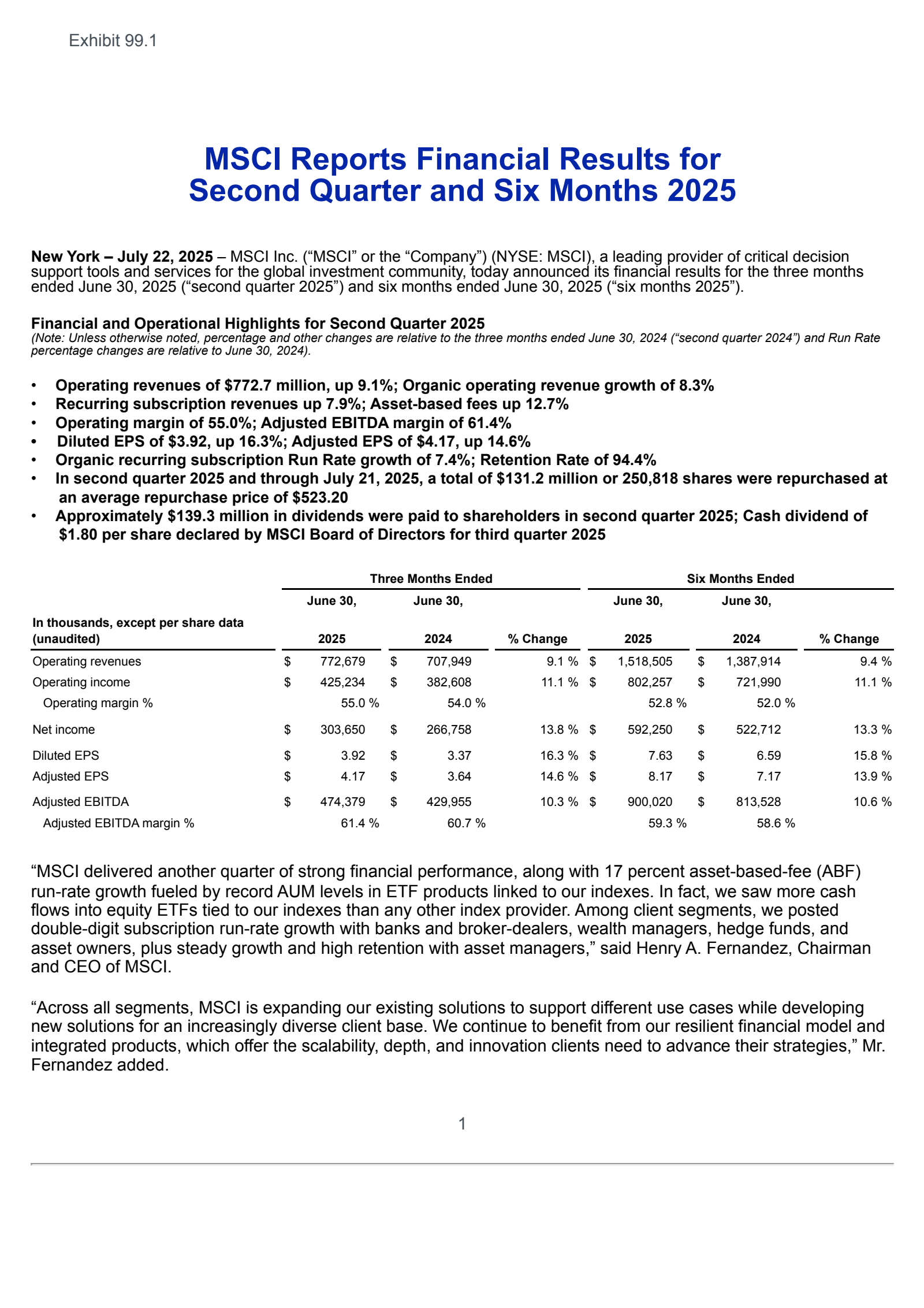 MSCI's Q2 2025 Press Release