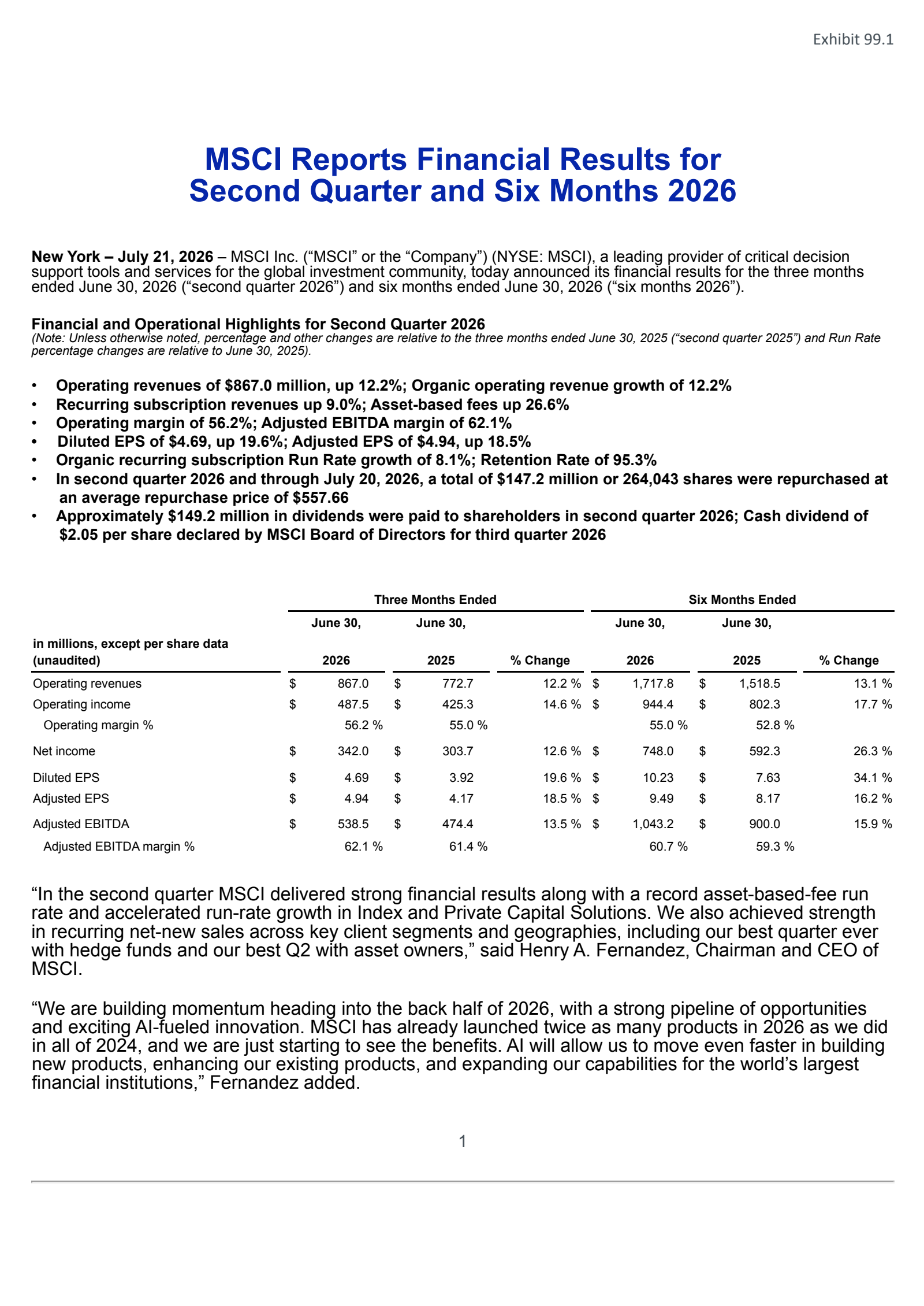 MSCI's Q2 2026 Press Release