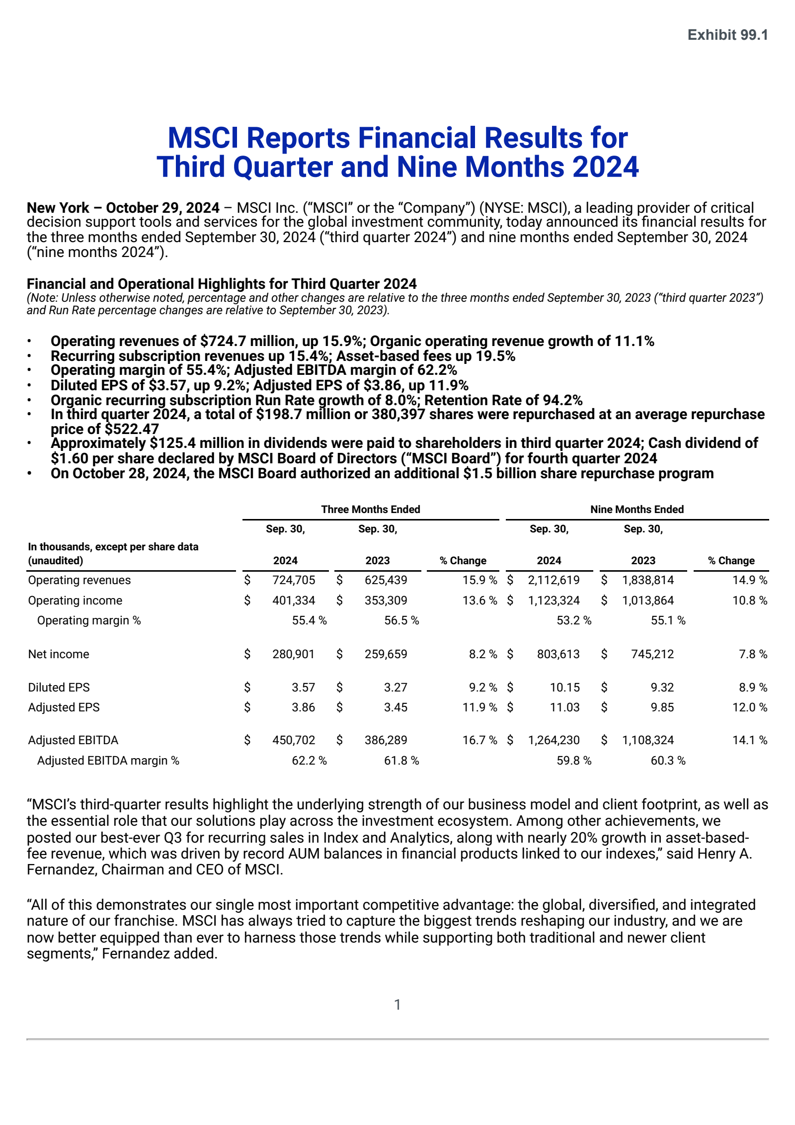 MSCI's Q3 2024 Press Release