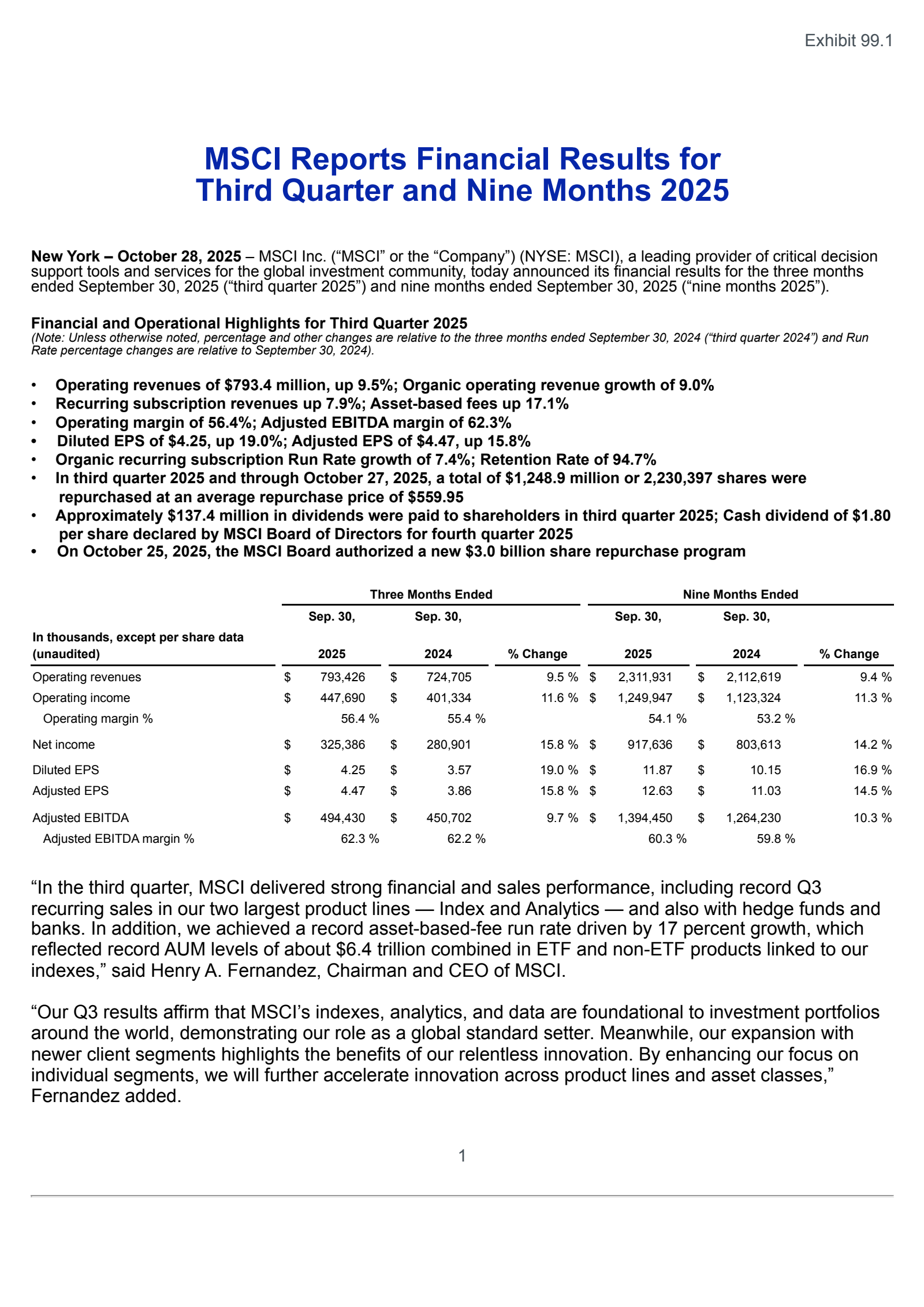 MSCI's Q3 2025 Earnings Release