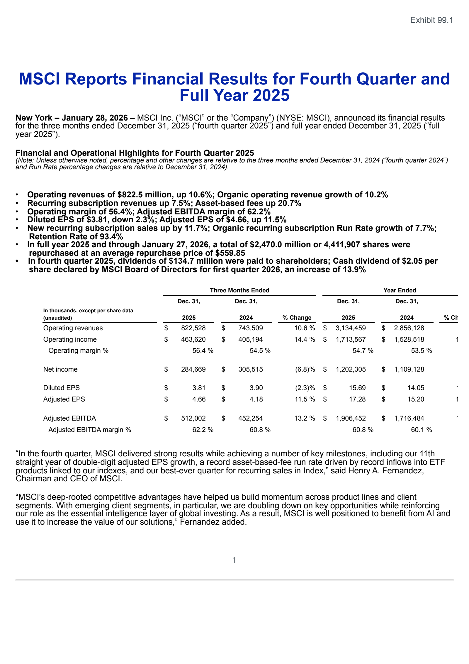 MSCI's Q4 2025 Press Release