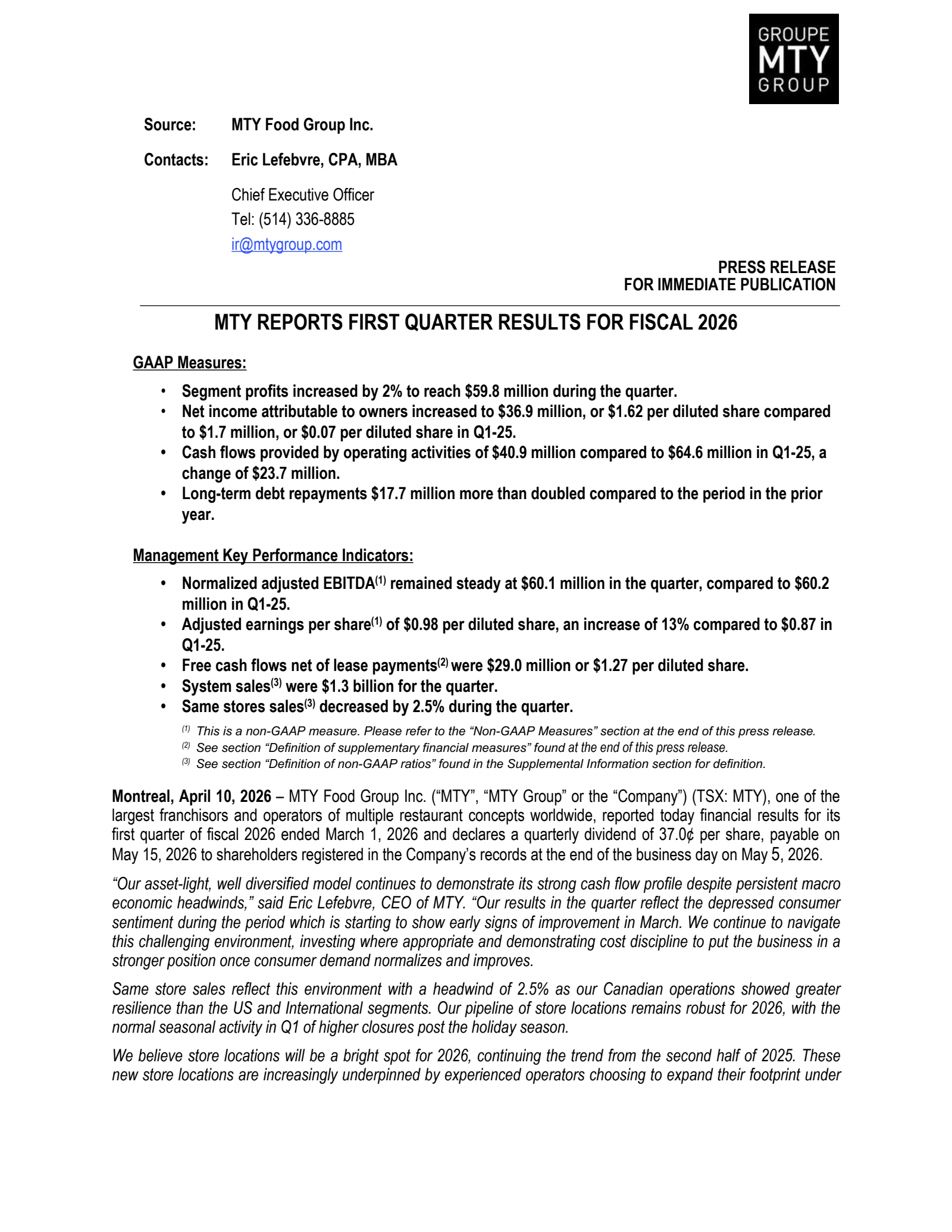 MTY Food Group's Q1 2026 Press Release