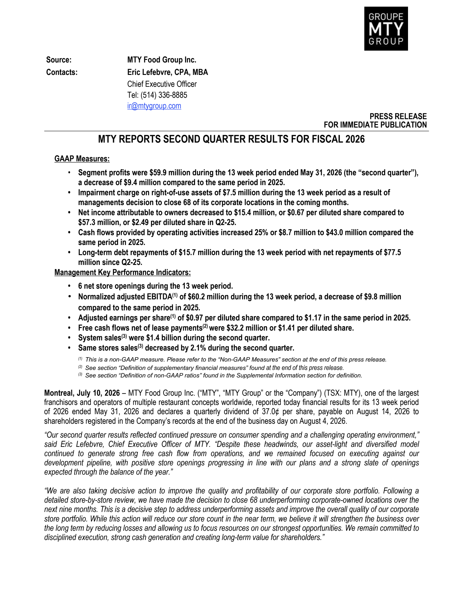 MTY Food Group's Q2 2026 Press Release