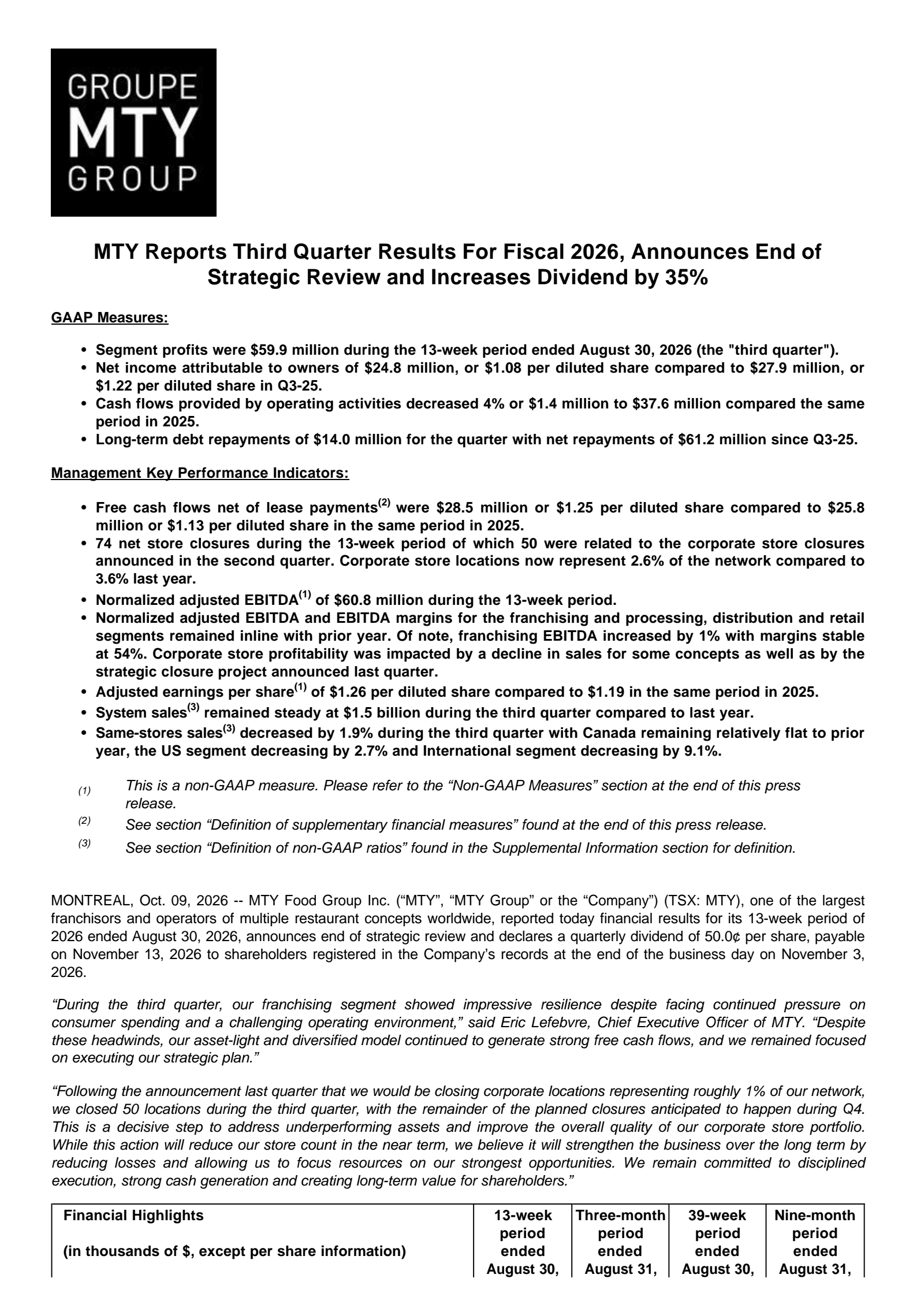 MTY Food Group's Q3 2026 Press Release