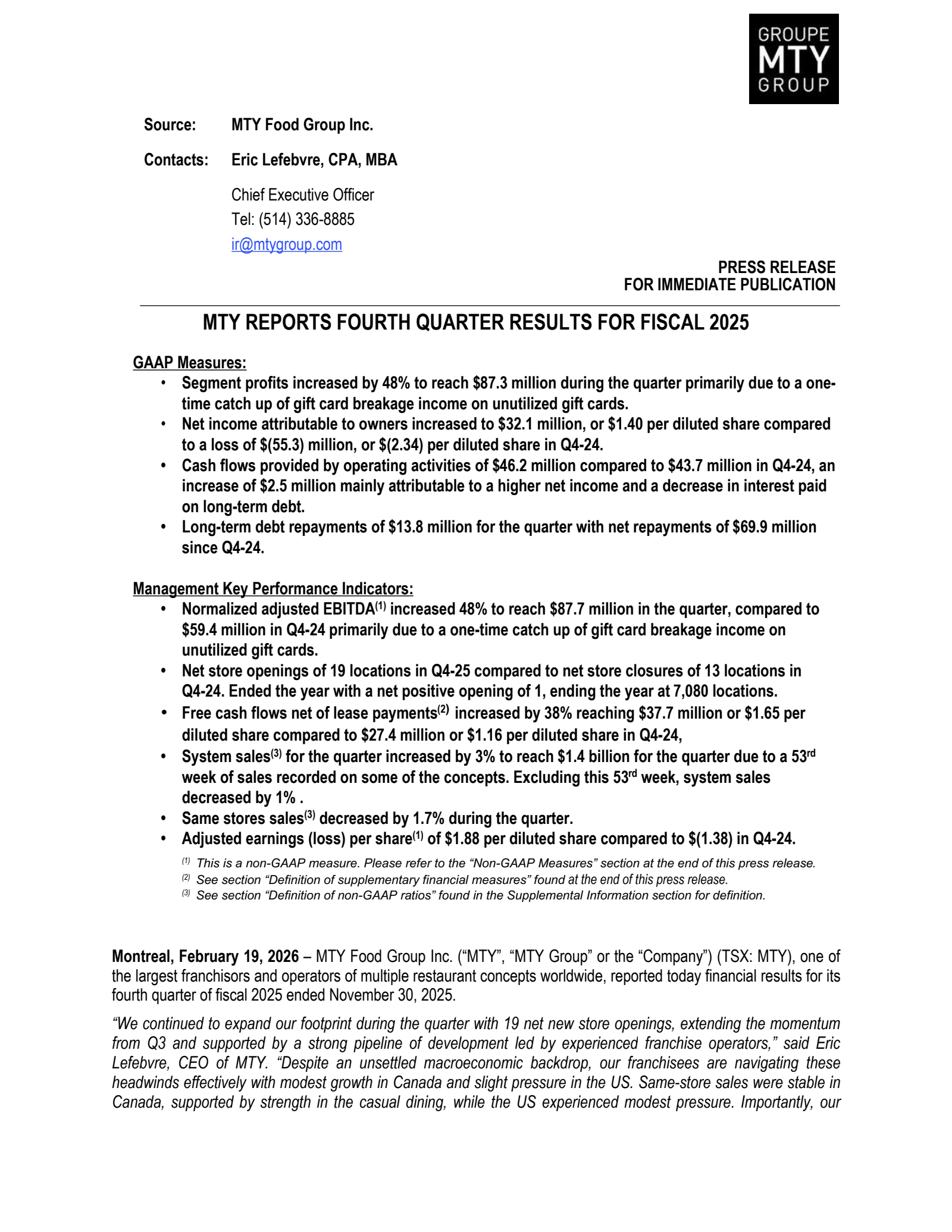 MTY Food Group's Q4 2025 Press Release
