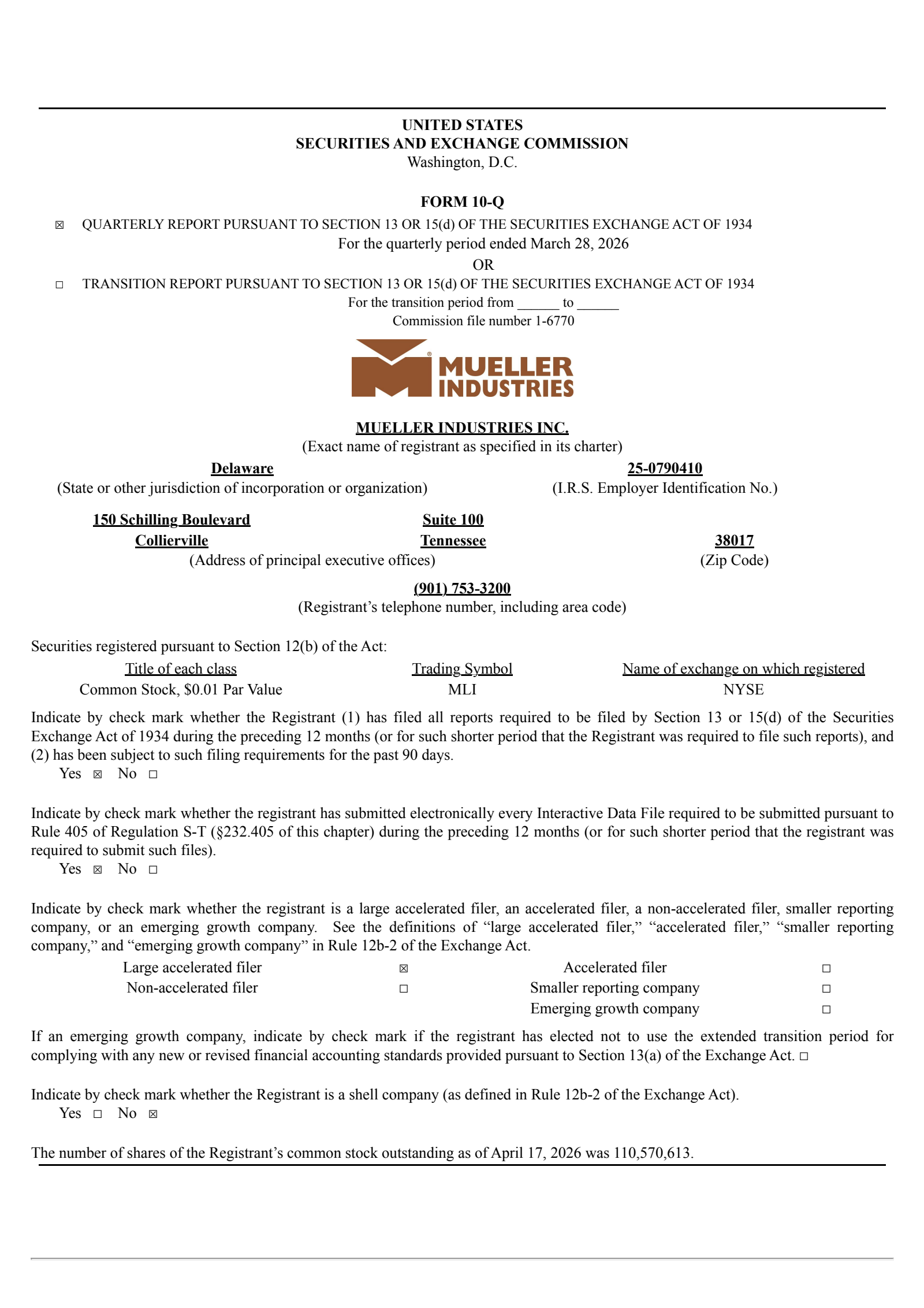 Mueller Industries' Q1 2026 Quarterly report