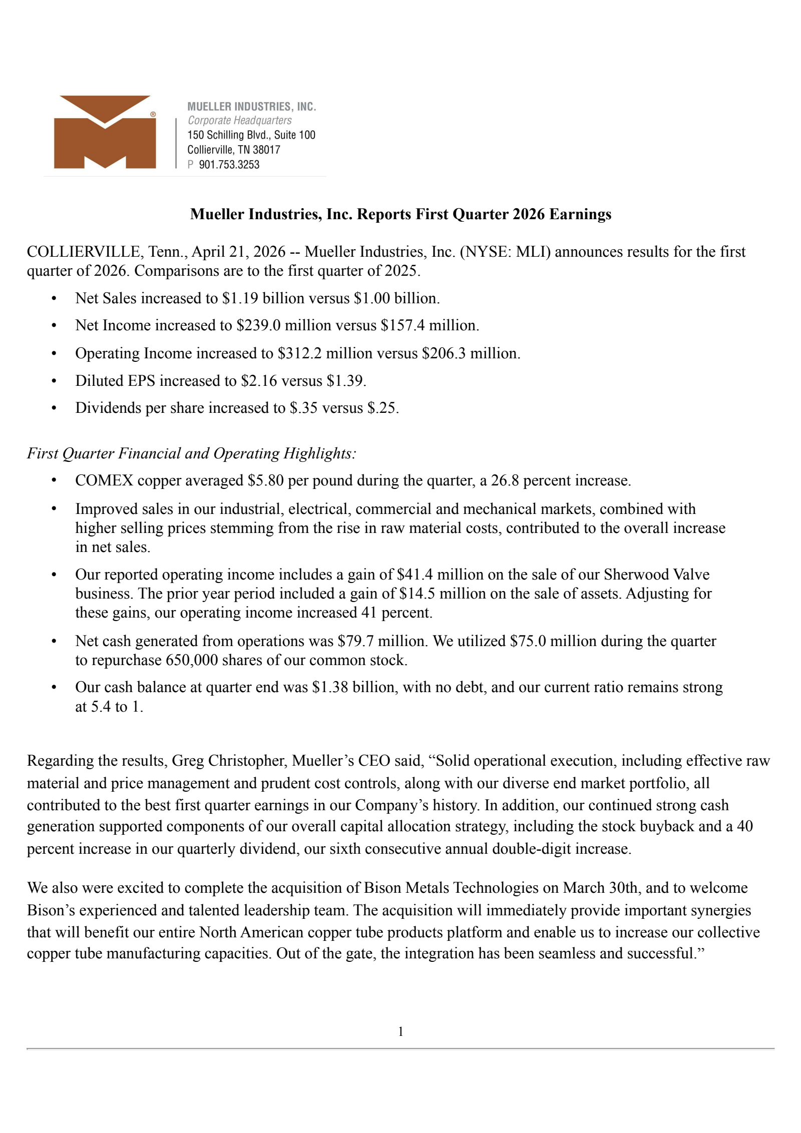 Mueller Industries' Q1 2026 Press Release