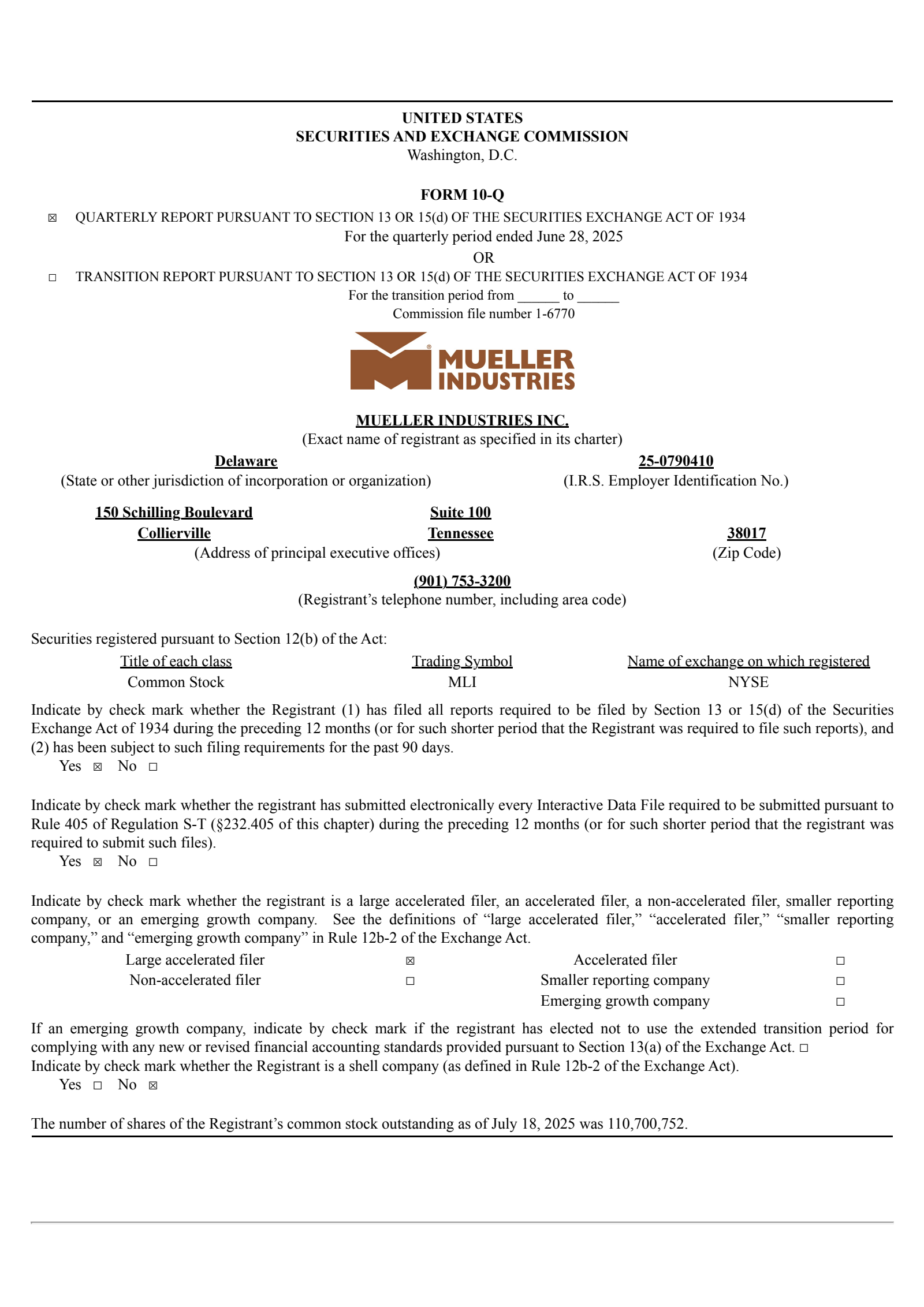 Mueller Industries' Q2 2025 Quarterly report