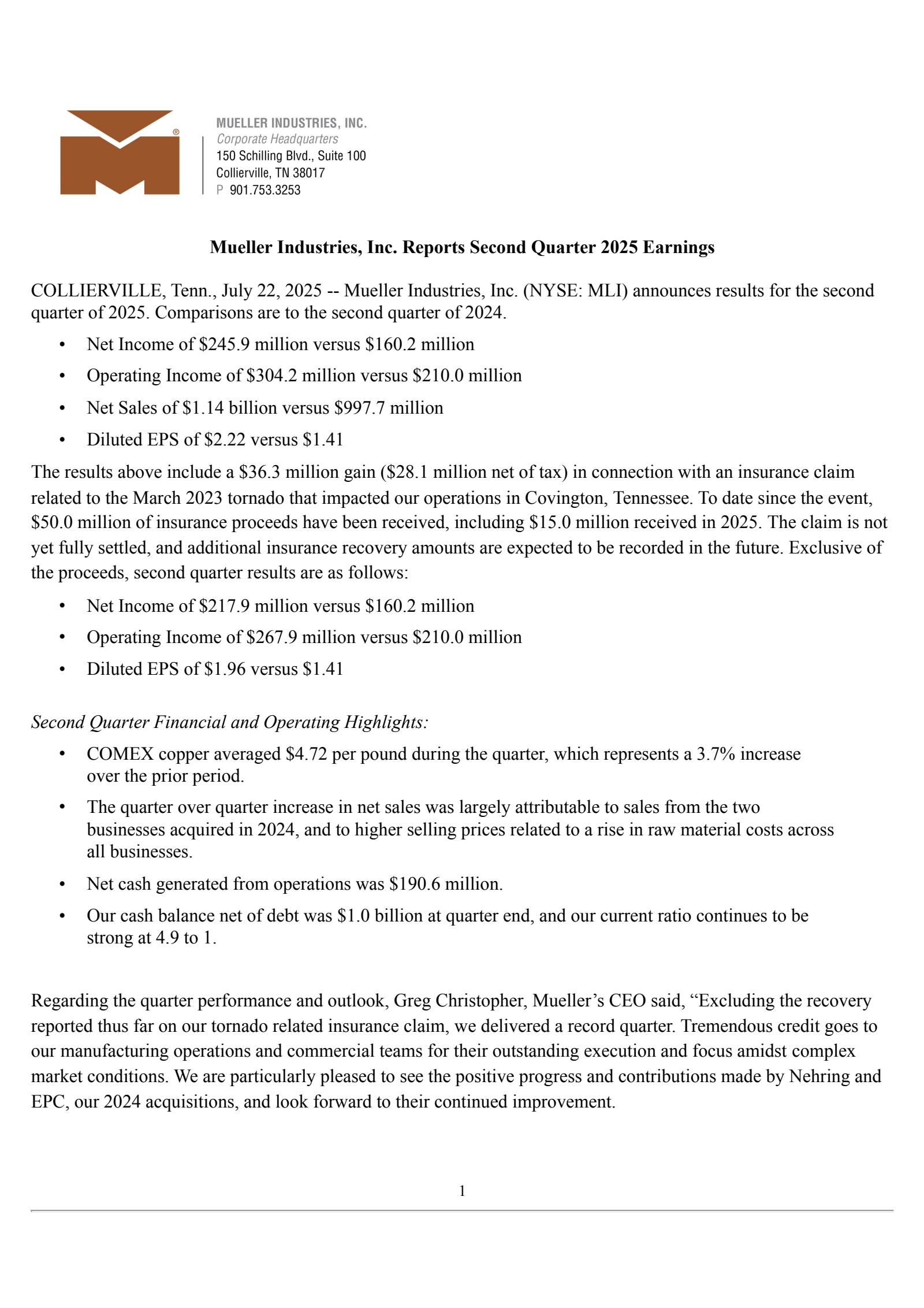Mueller Industries' Q2 2025 Press Release