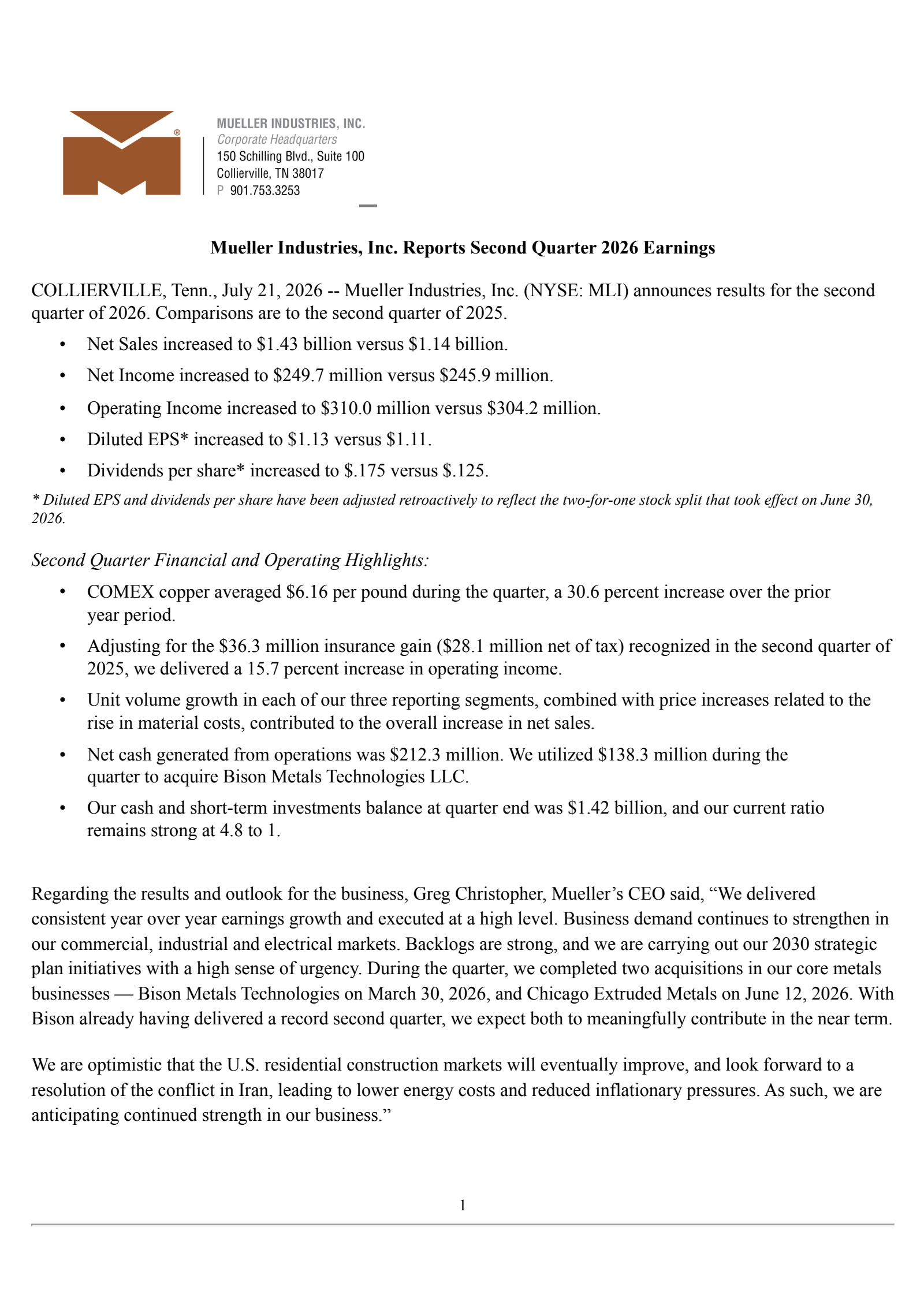 Mueller Industries' Q2 2026 Press Release