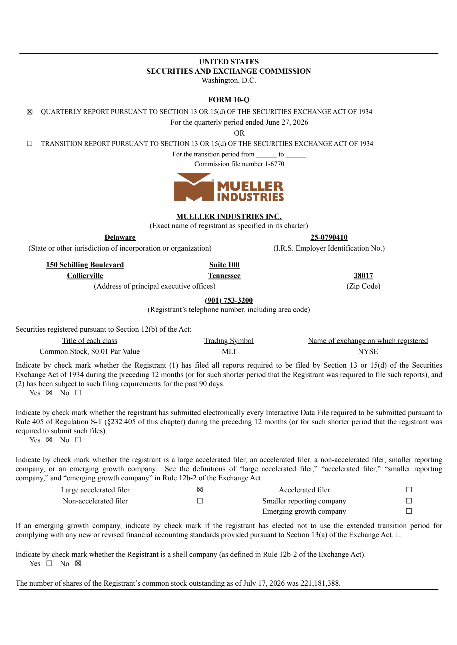 Mueller Industries' Q2 2026 Quarterly report