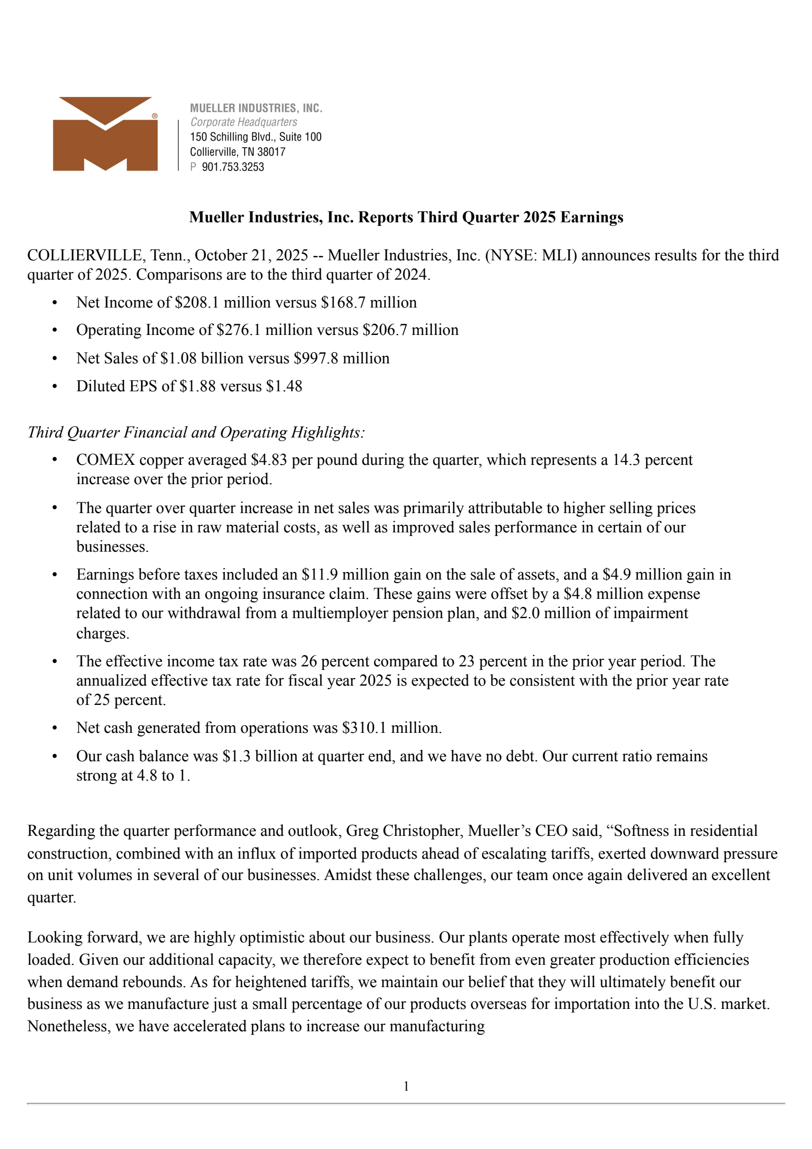Mueller Industries' Q3 2025 Earnings Release