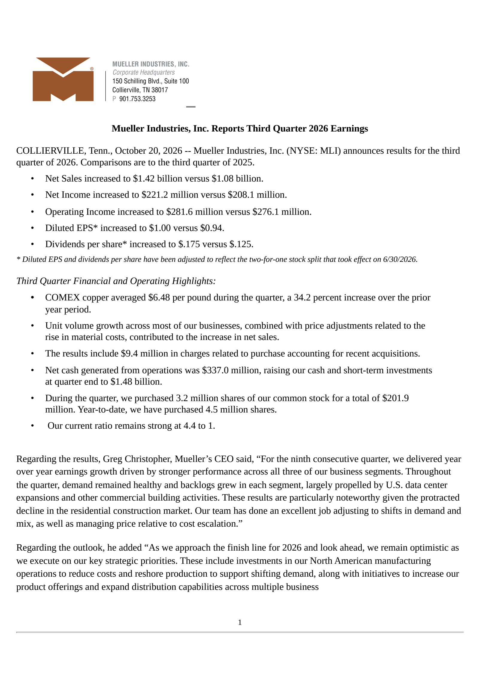 Mueller Industries (MLI) Q3 2026 Earnings Results & Report