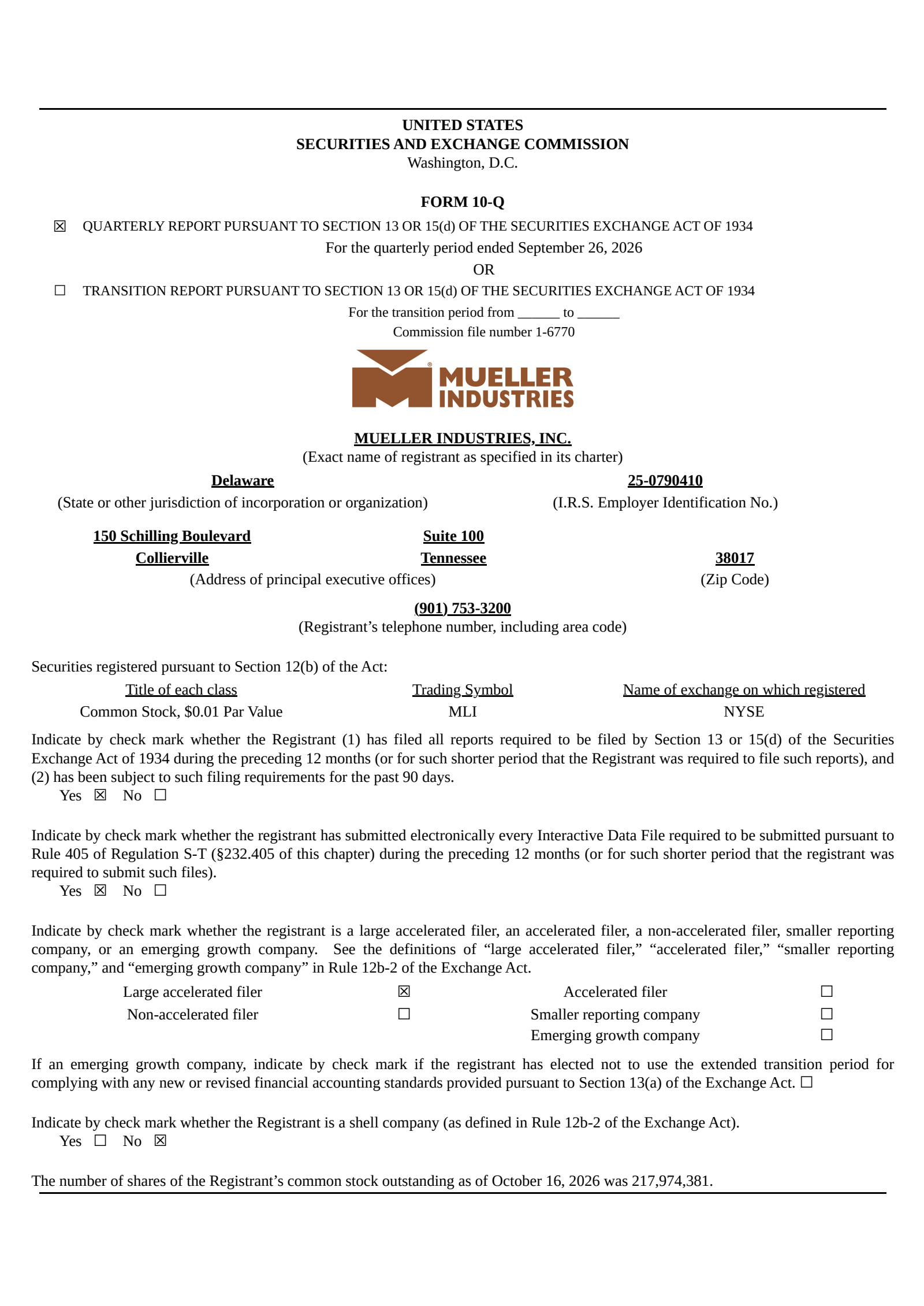 Mueller Industries (MLI) Q3 2026 Earnings Results & Report