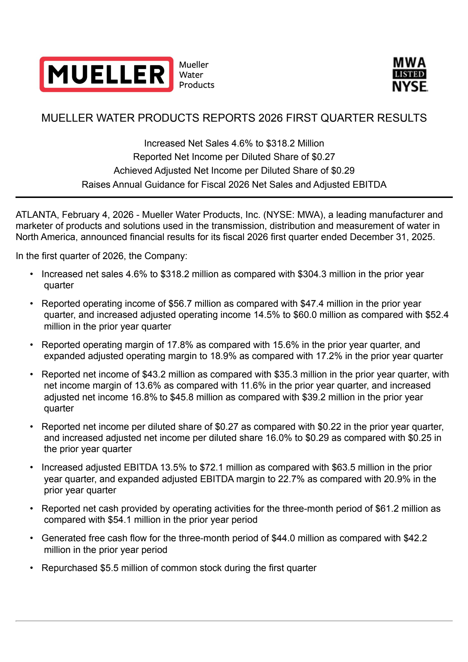 Mueller Water Products' Q1 2026 Press Release