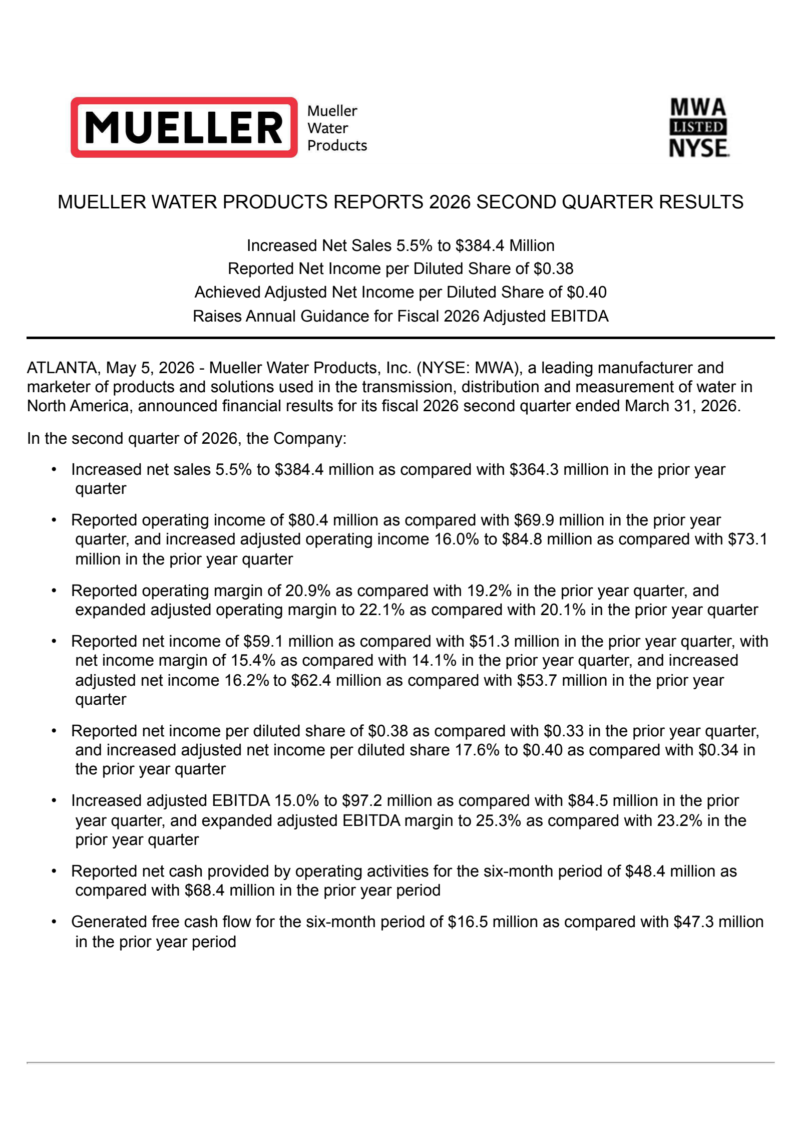 Mueller Water Products' Q2 2026 Press Release