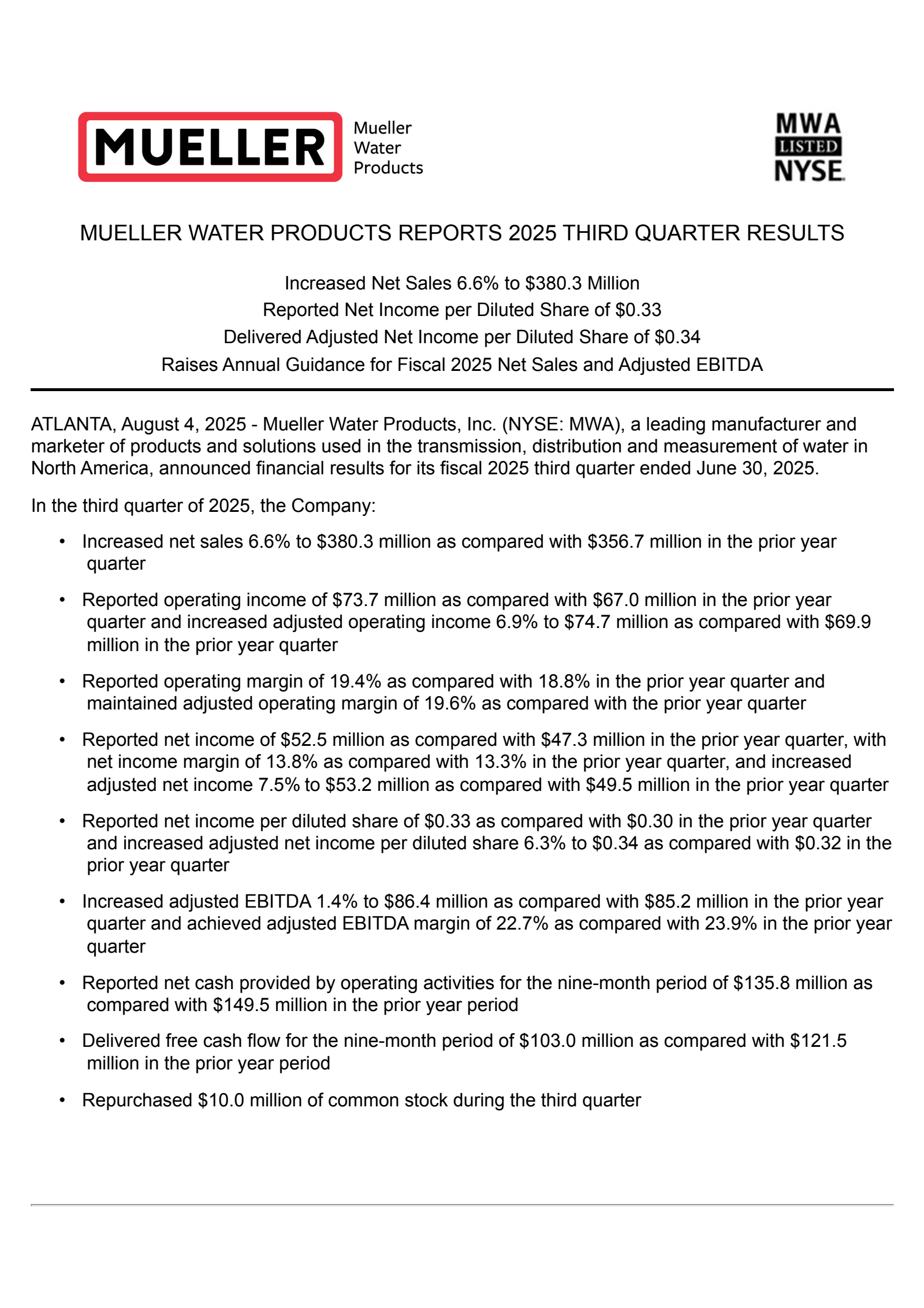 Mueller Water Products' Q3 2025 Press Release