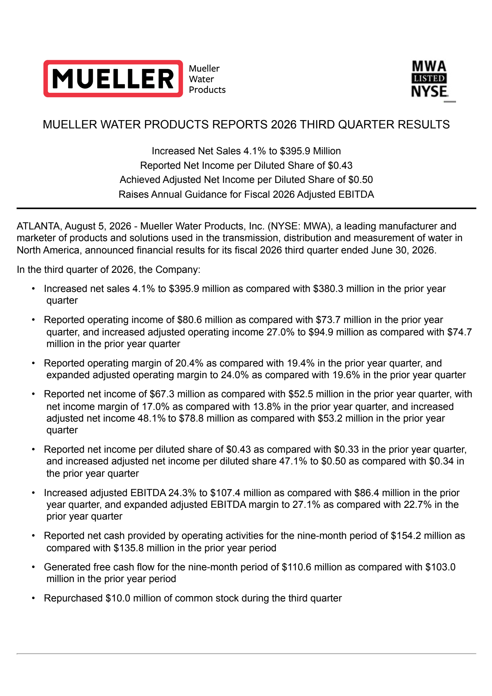 Mueller Water Products' Q3 2026 Press Release