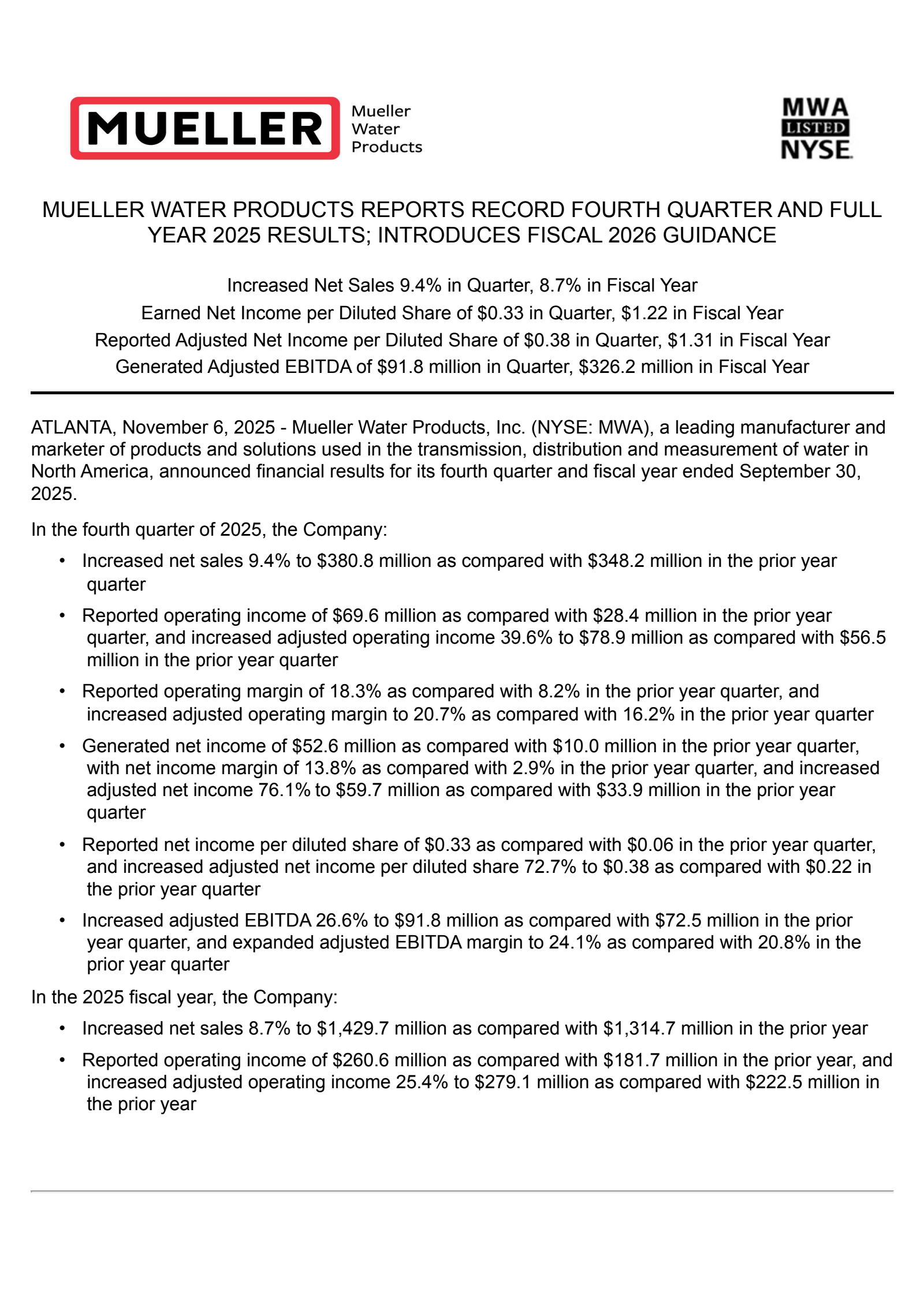 Mueller Water Products' Q4 2025 Earnings Release