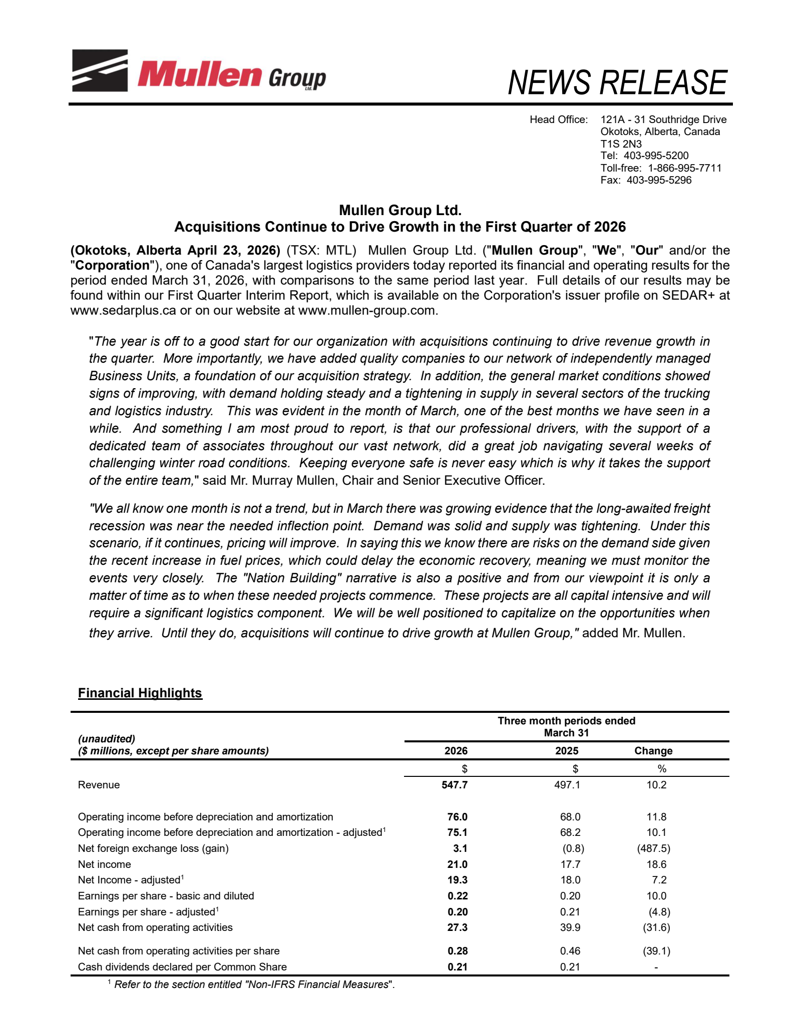 Mullen Group's Q1 2026 Press Release