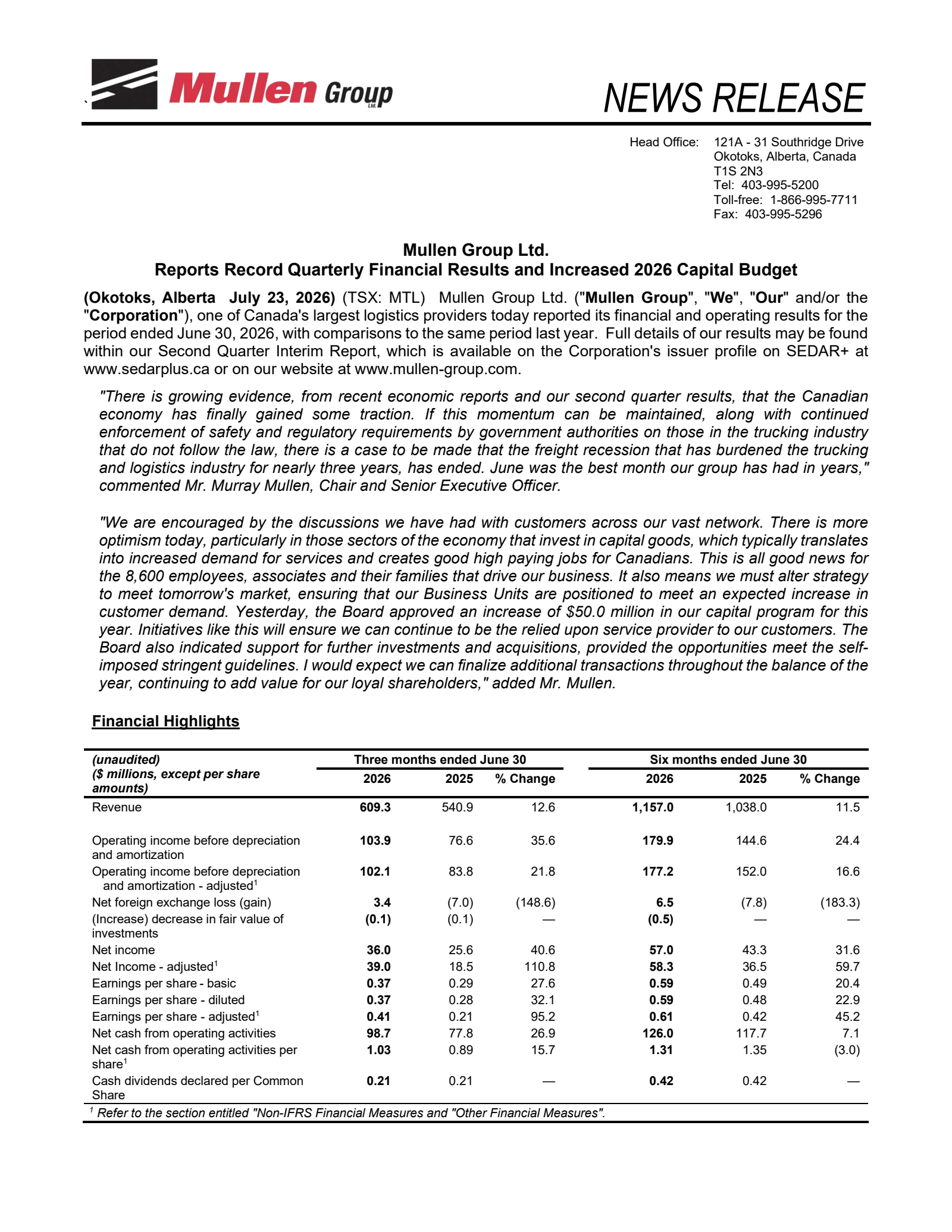 Mullen Group's Q2 2026 Press Release