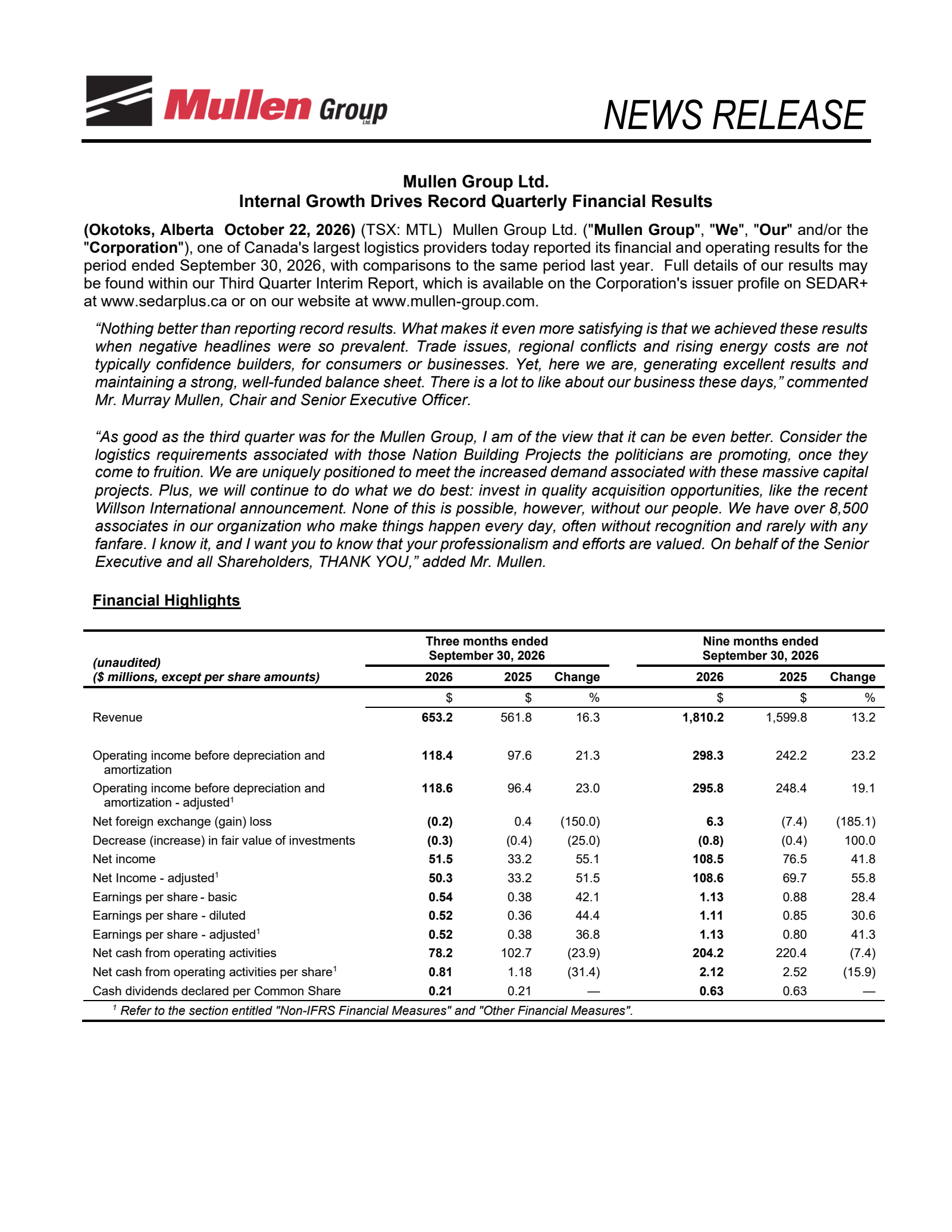 Mullen Group's Q3 2026 Press Release