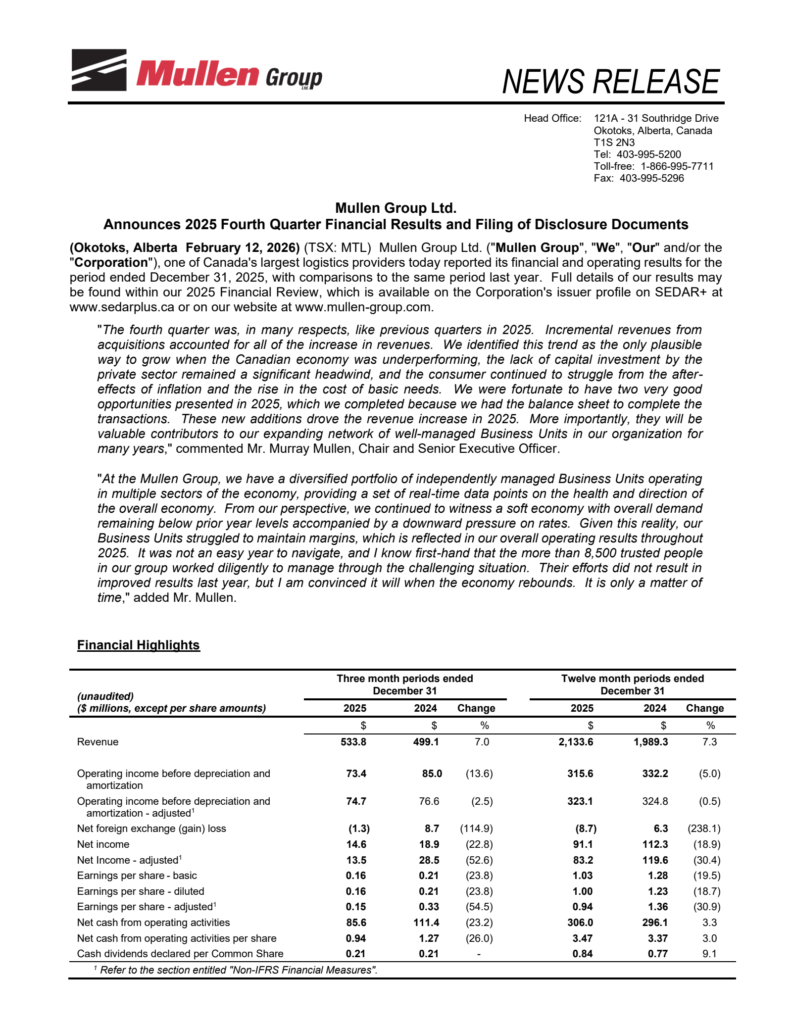 Mullen Group's Q4 2025 Press Release