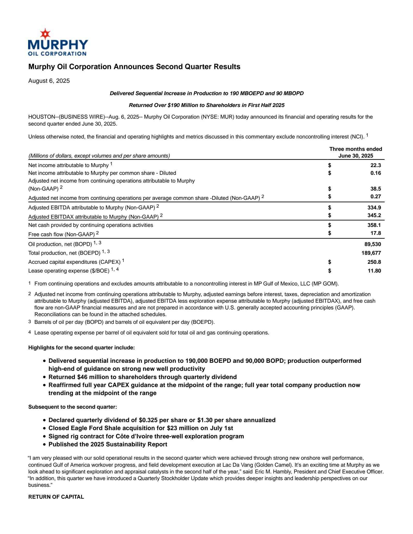 Murphy Oil's Q2 2025 Press Release