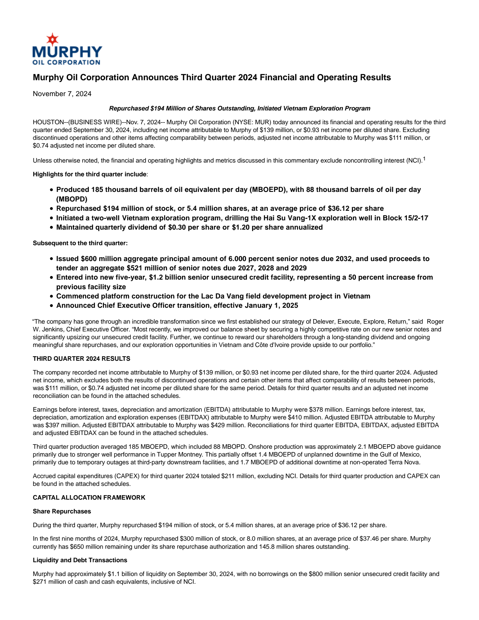Murphy Oil's Q3 2024 Press Release
