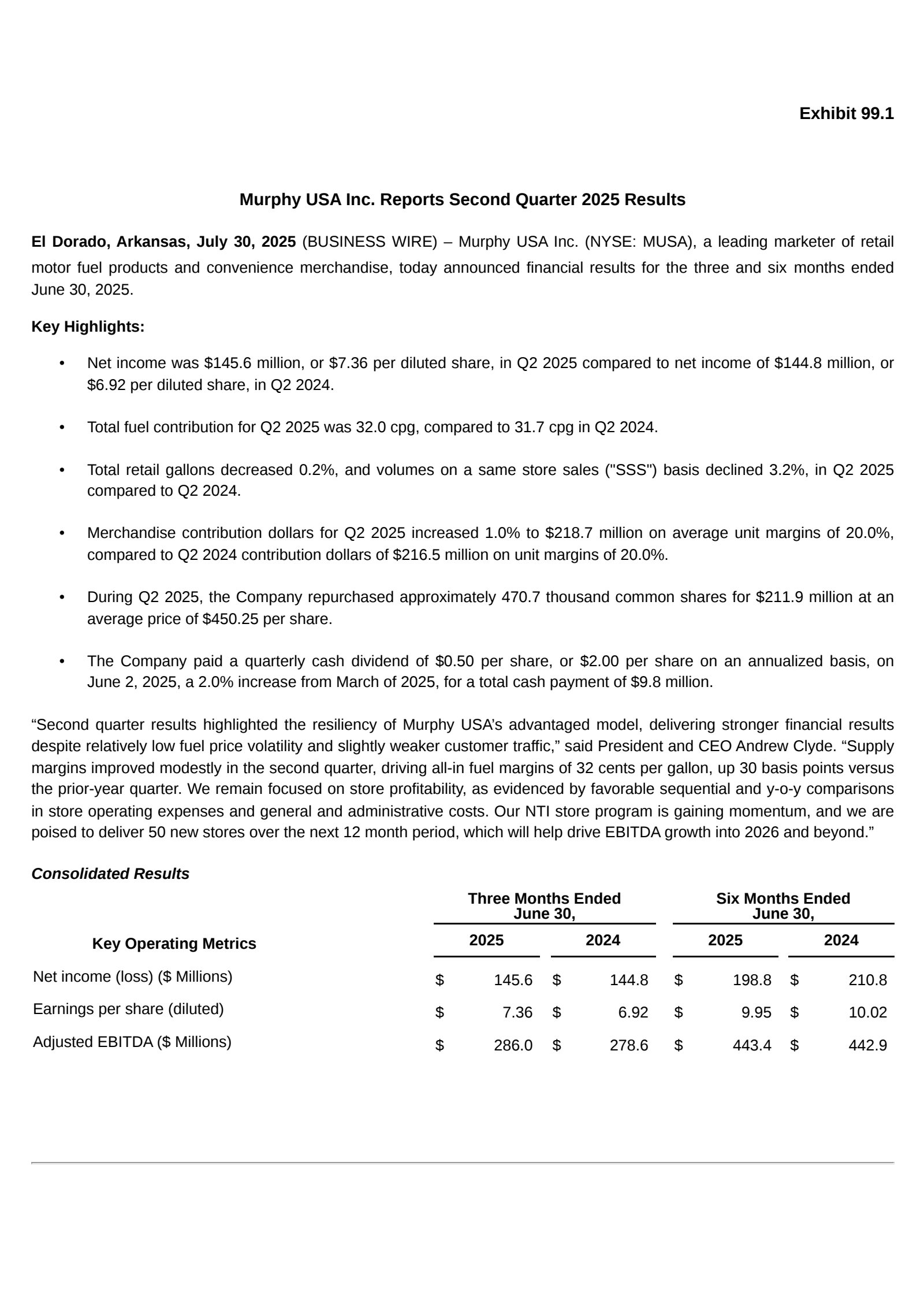 Murphy USA's Q2 2025 Press Release