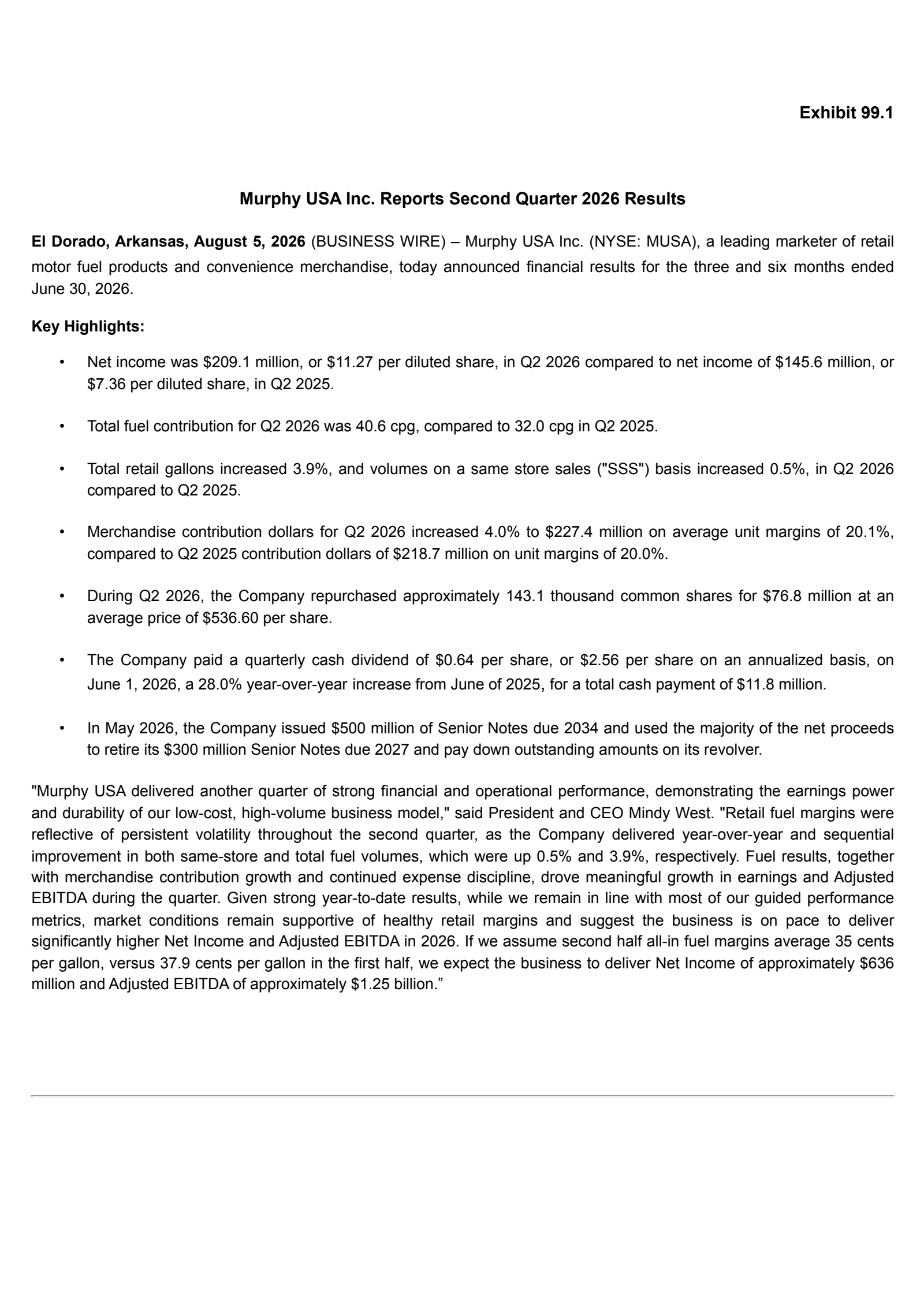 Murphy USA's Q2 2026 Press Release