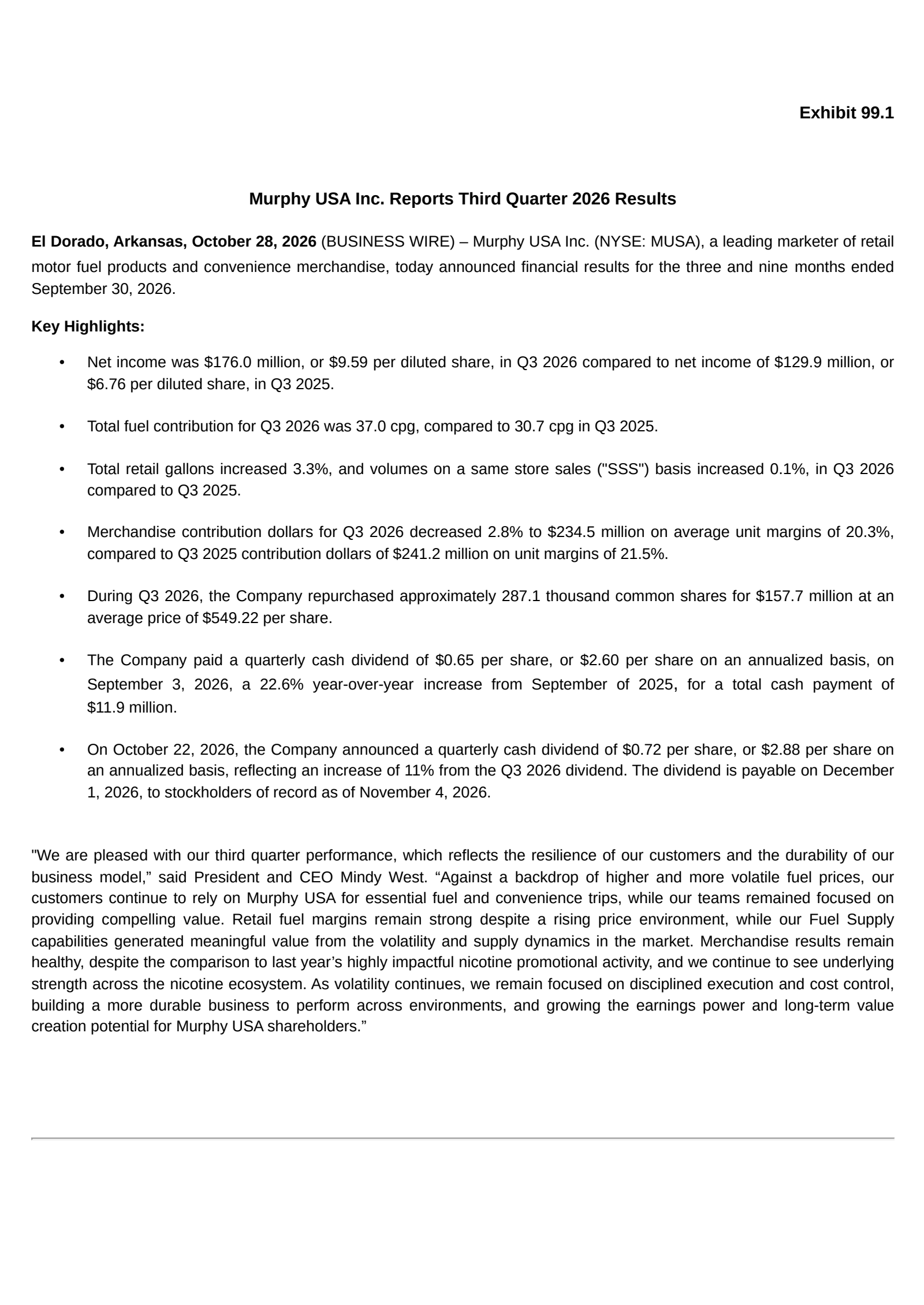 Murphy USA's Q3 2026 Press Release