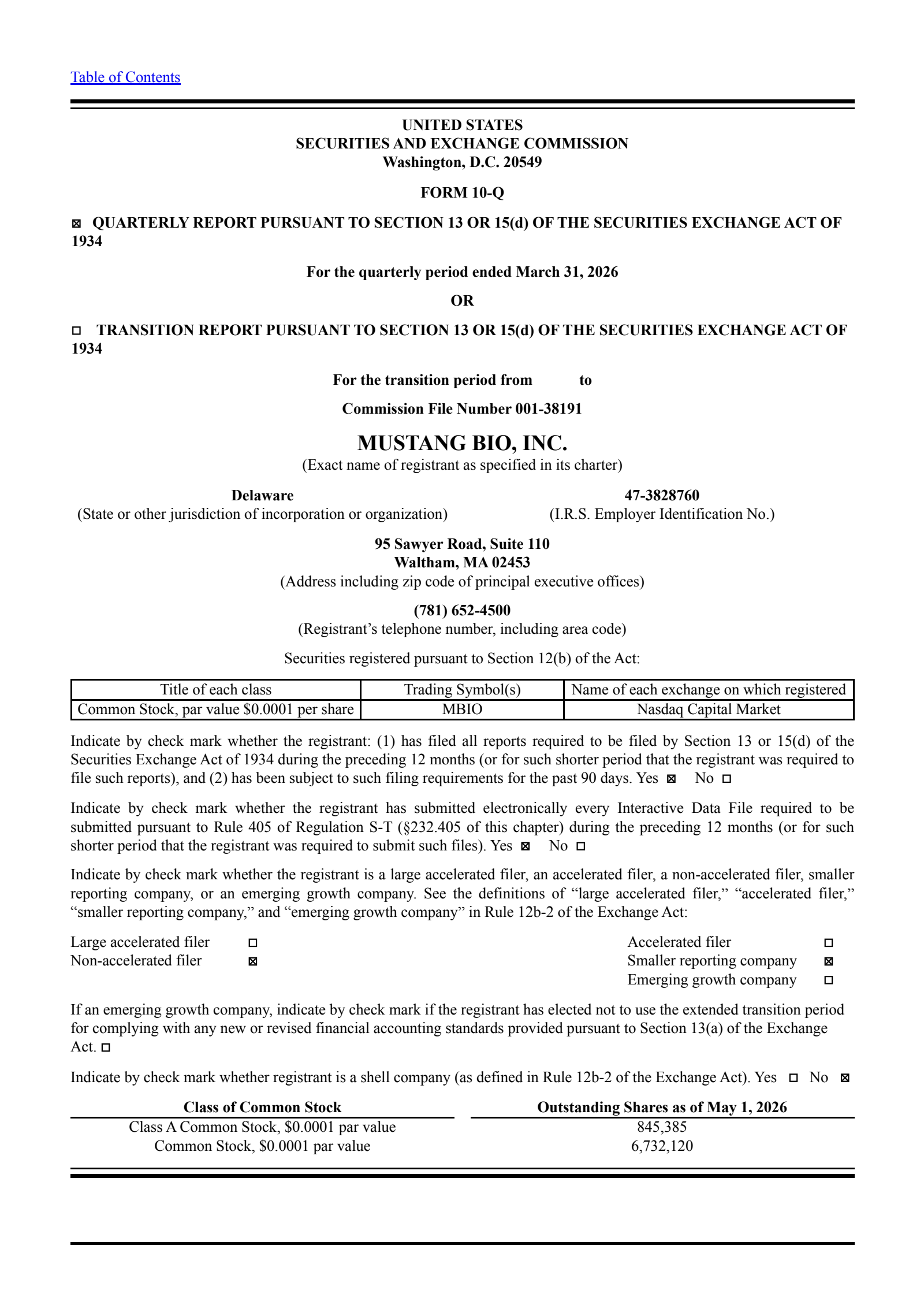 Mustang Bio's Q1 2026 Quarterly report