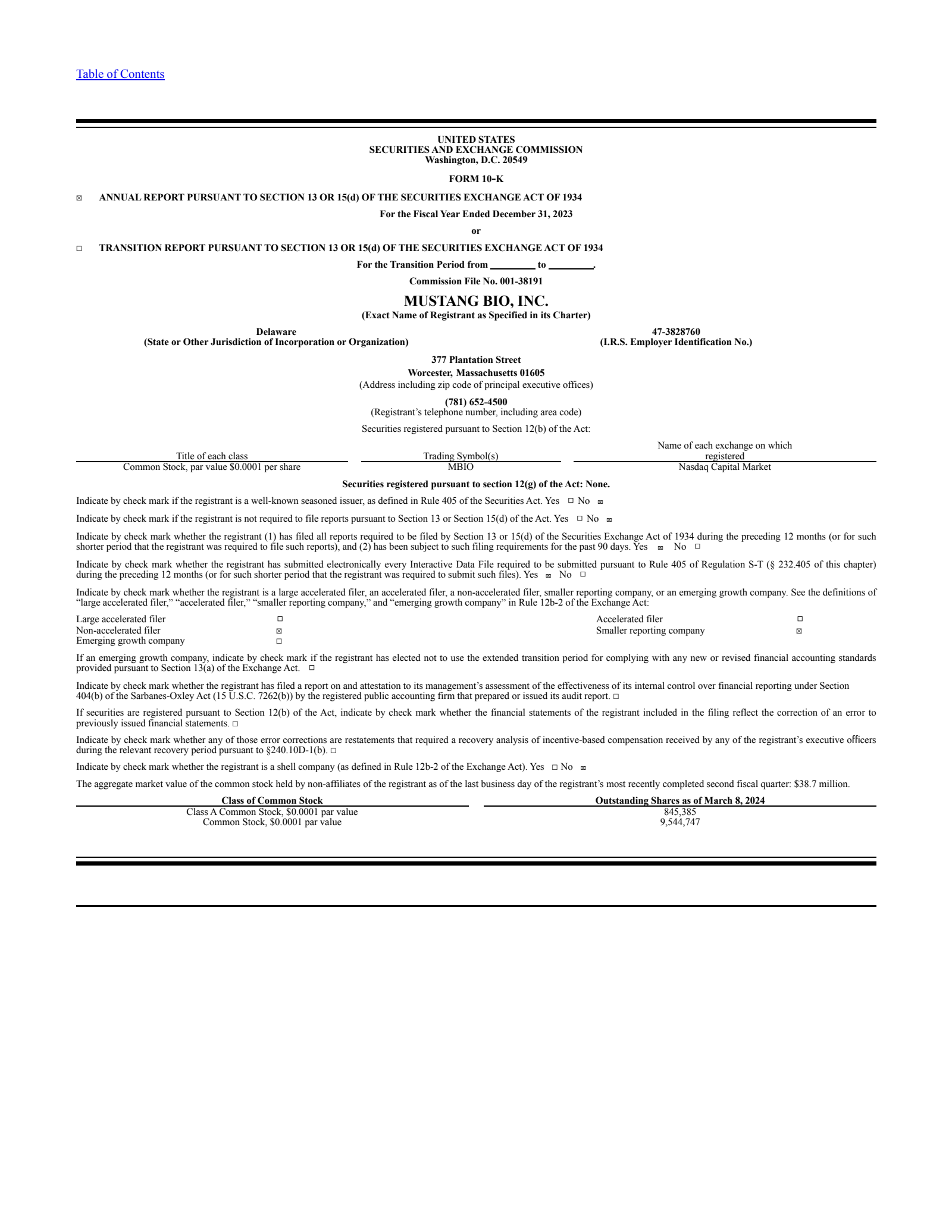 Mustang Bio's Q4 2023 Annual Report