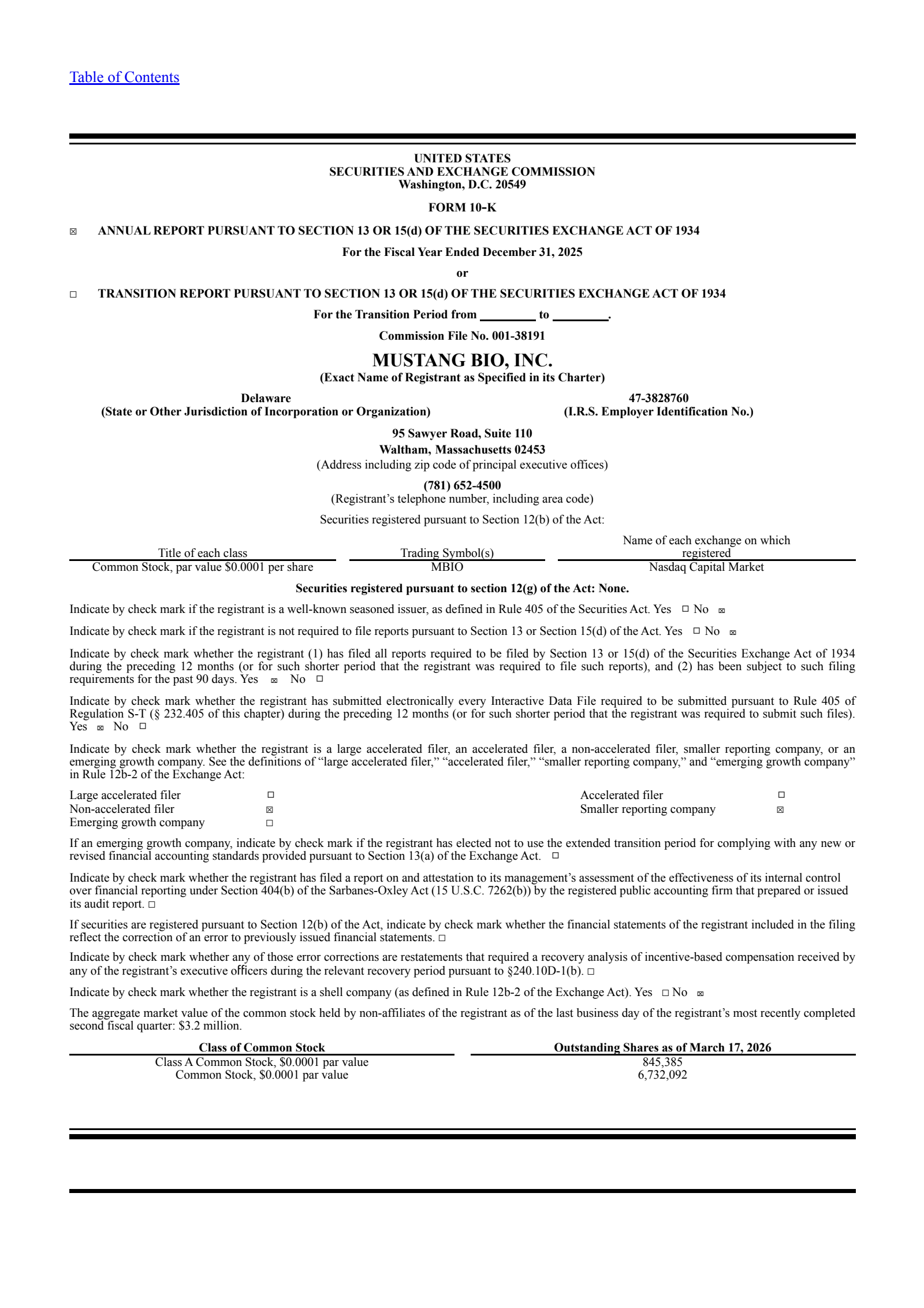 Mustang Bio's Q4 2025 Annual report