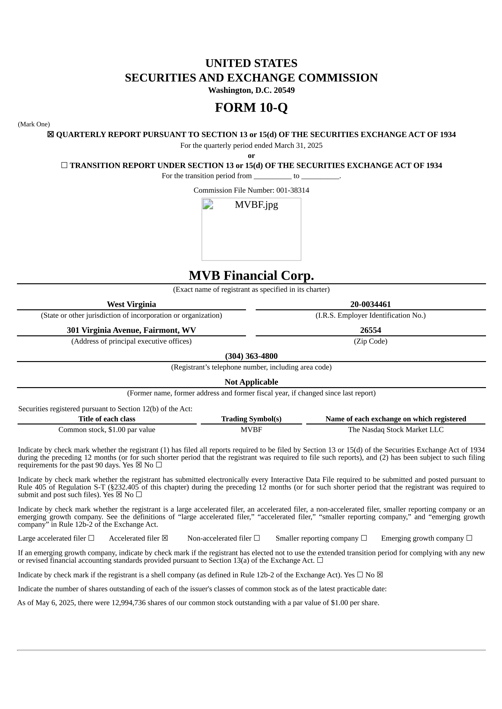 MVB Financial's Q1 2025 Quarterly report