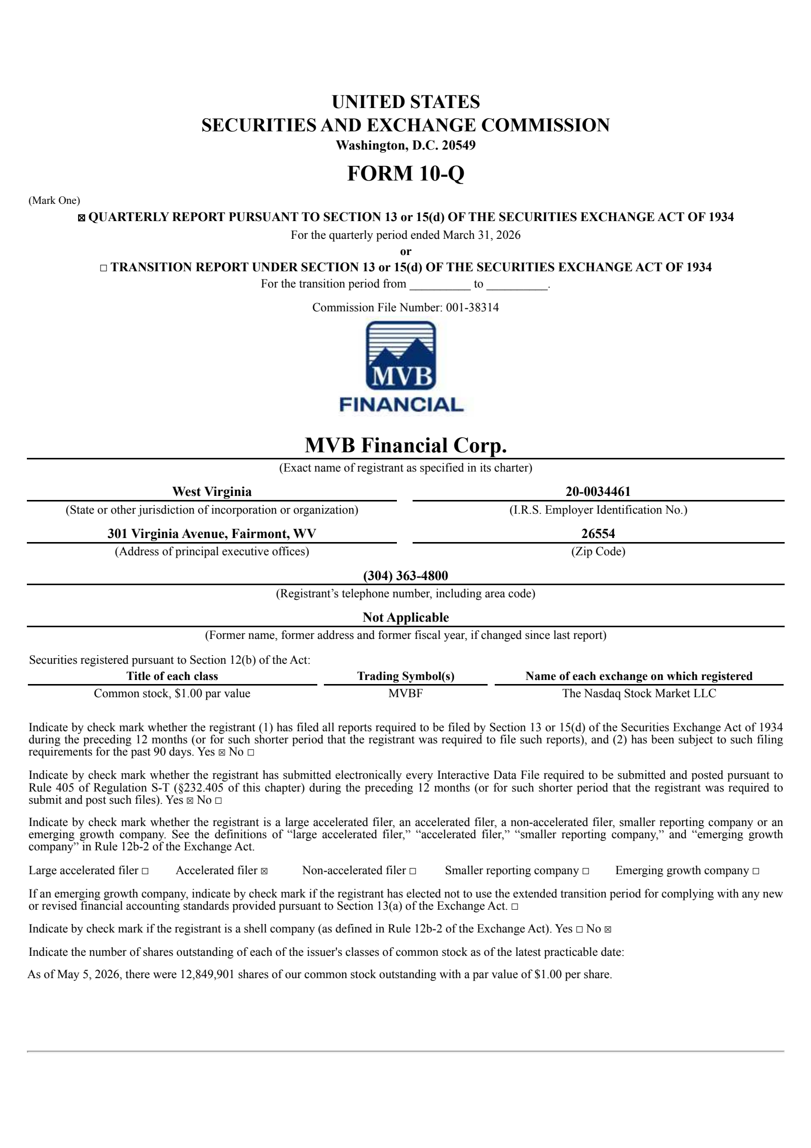 Mvb Financial's Q1 2026 Quarterly report