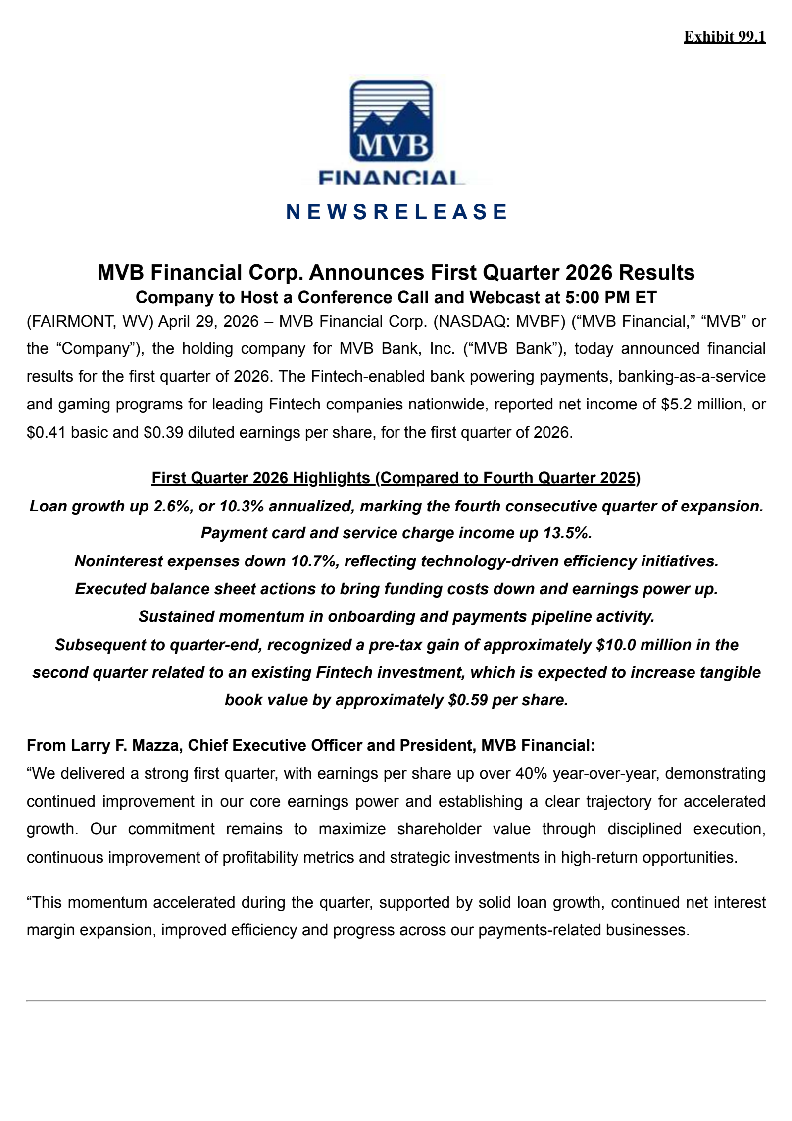 Mvb Financial's Q1 2026 Press Release
