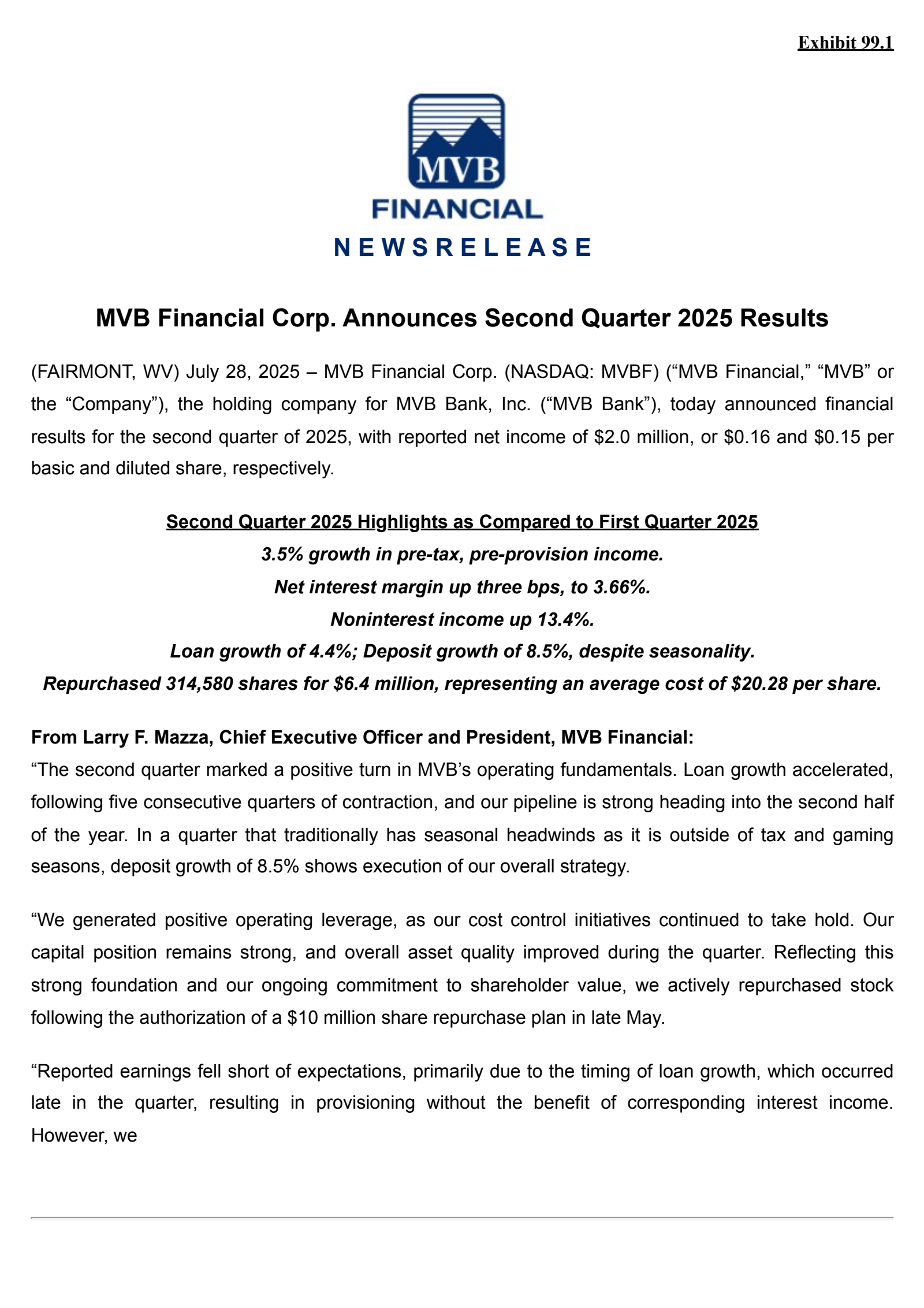 Mvb Financial's Q2 2025 Press Release