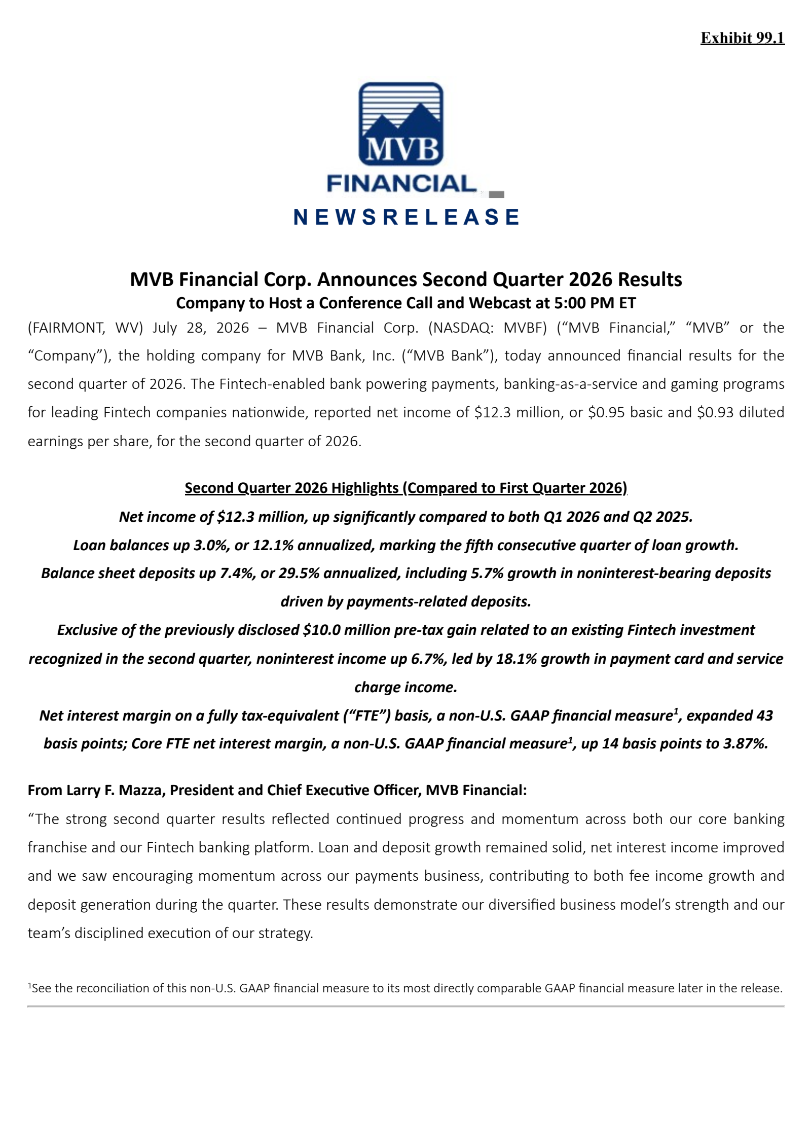 Mvb Financial's Q2 2026 Press Release