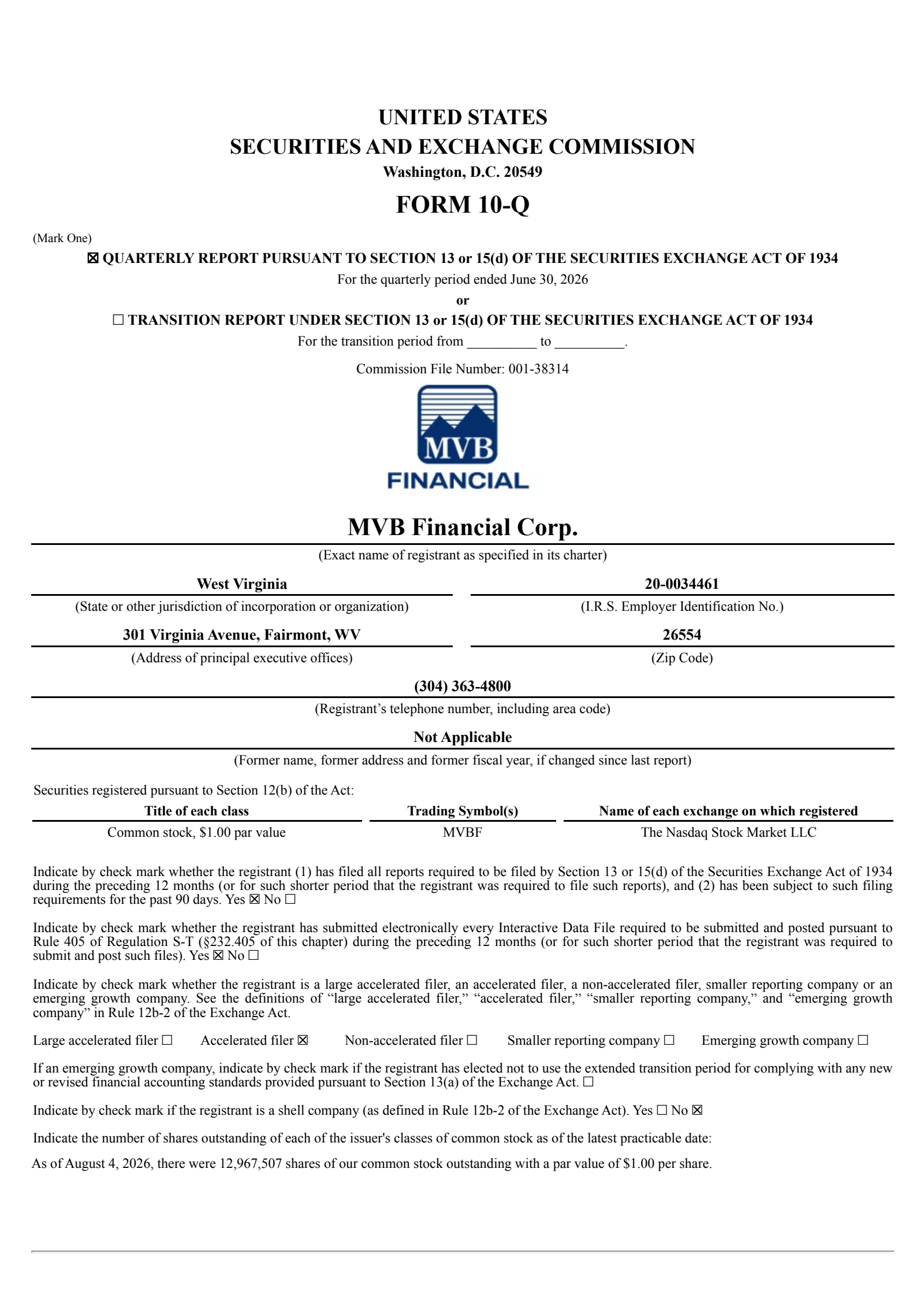 Mvb Financial's Q2 2026 Quarterly report