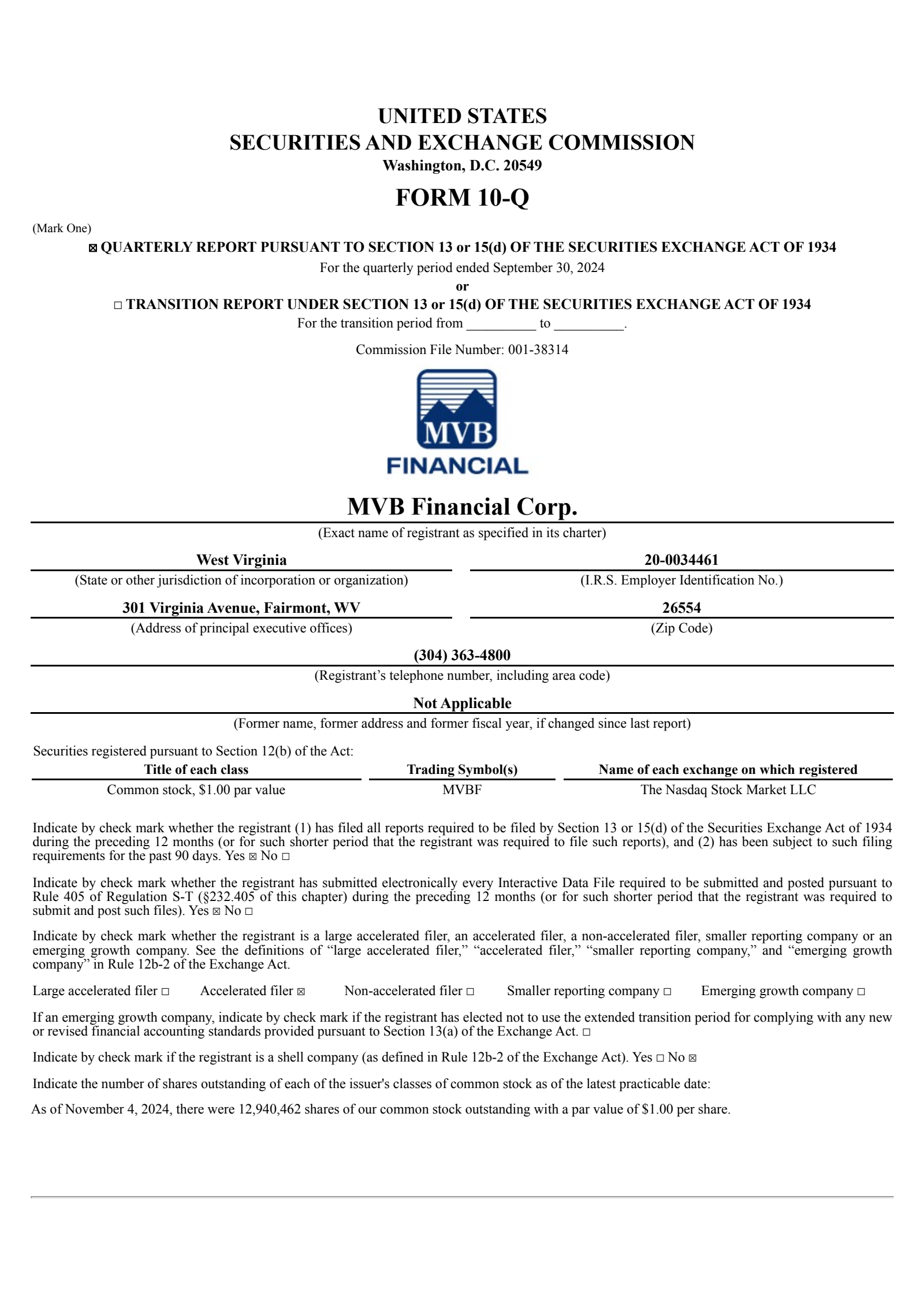 MVB Financial's Q3 2024 Quarterly report