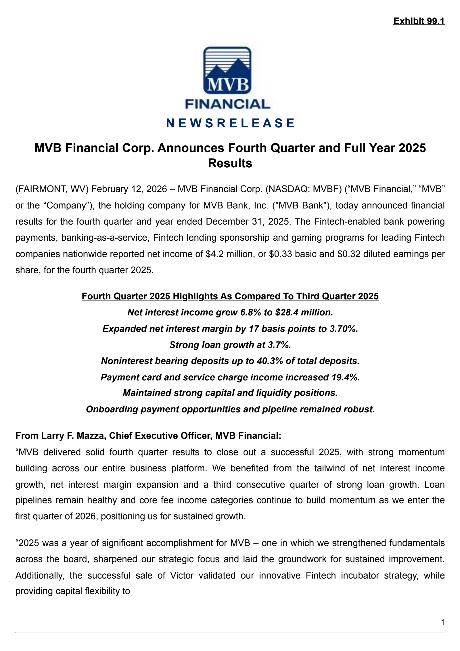 Mvb Financial's Q4 2025 Press Release
