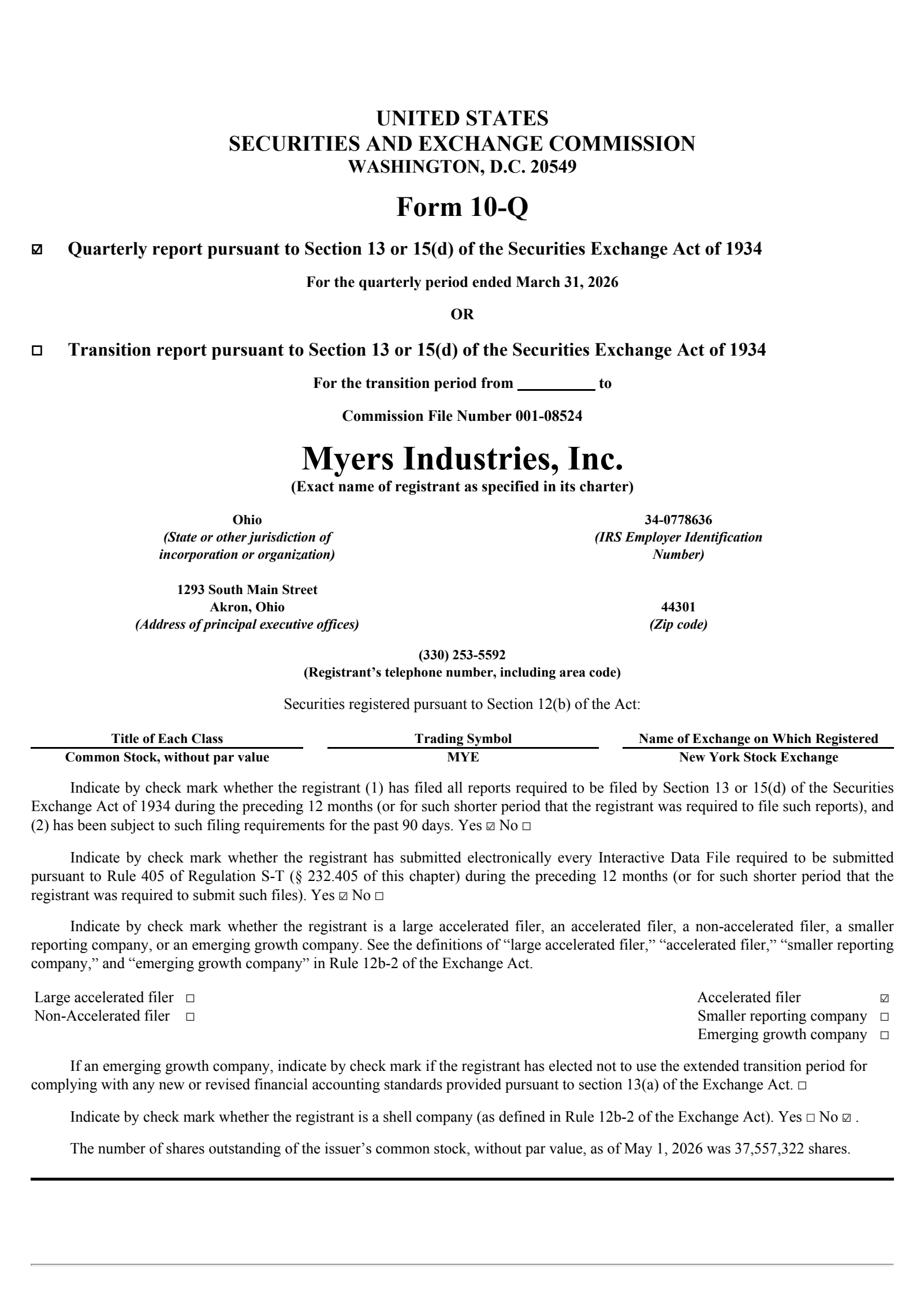 Myers Industries' Q1 2026 Quarterly report