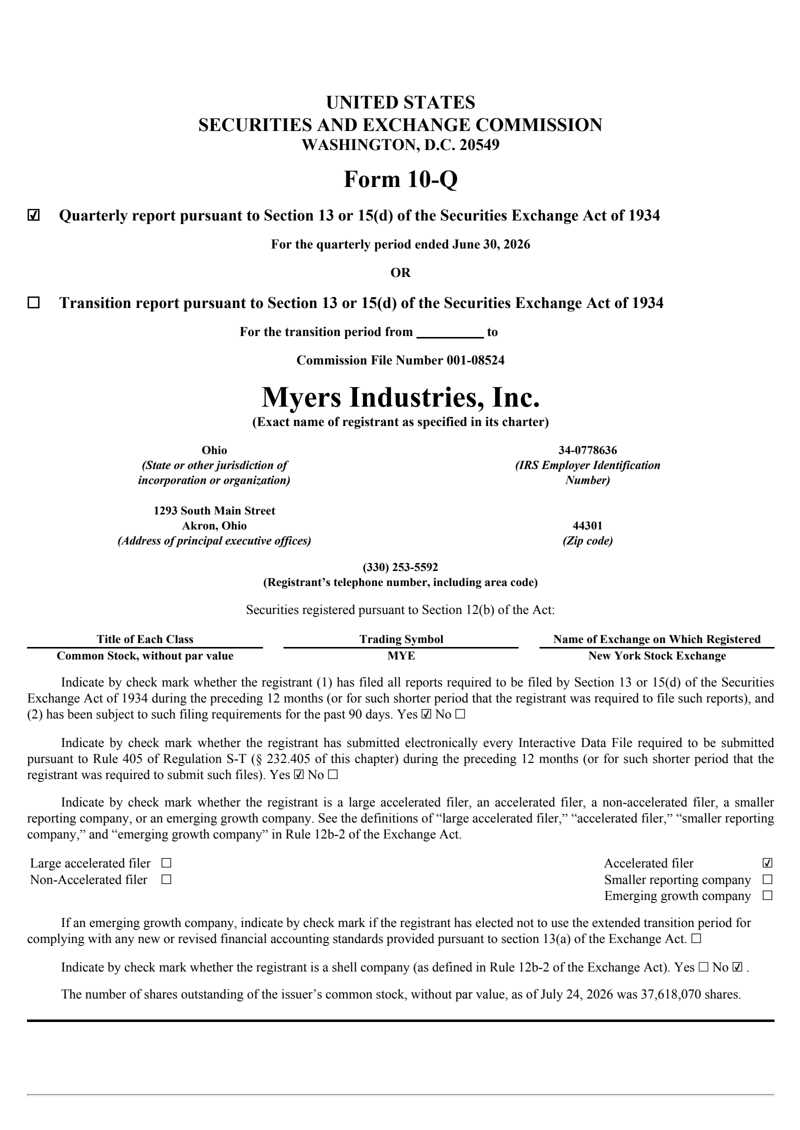 Myers Industries' Q2 2026 Quarterly report